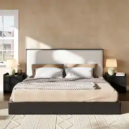 Whisen - King Size Platform Bed Frame with Upholstered Headboard - Black