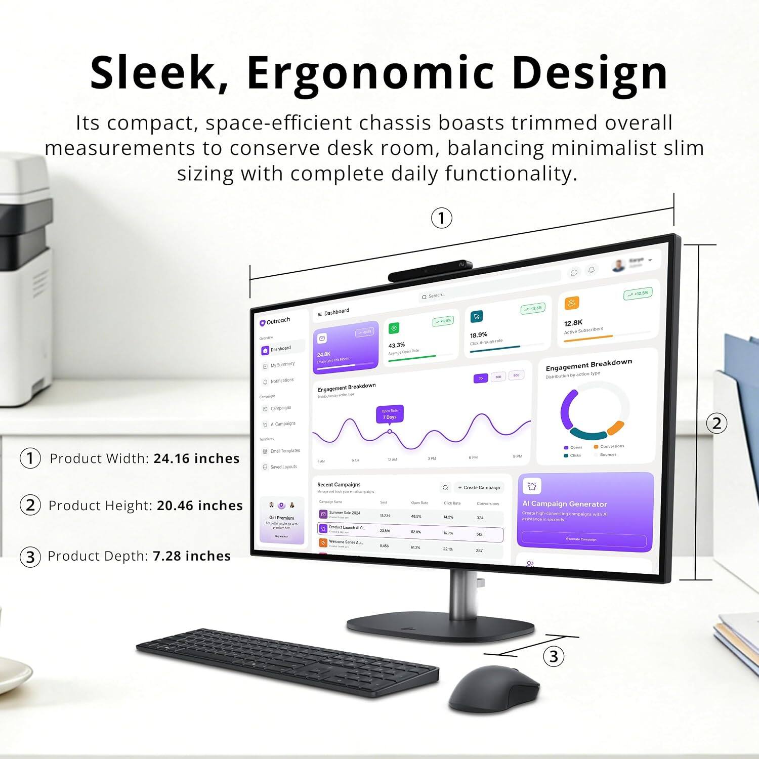 Sleek, Ergonomic Design  
Its compact, space-efficient chassis boasts trimmed overall measurements to conserve desk room, balancing minimalist slim sizing with complete daily functionality.

1. Product Width: 24.16 inches
2. Product Height: 20.46 inches
3. Product Depth: 7.28 inches