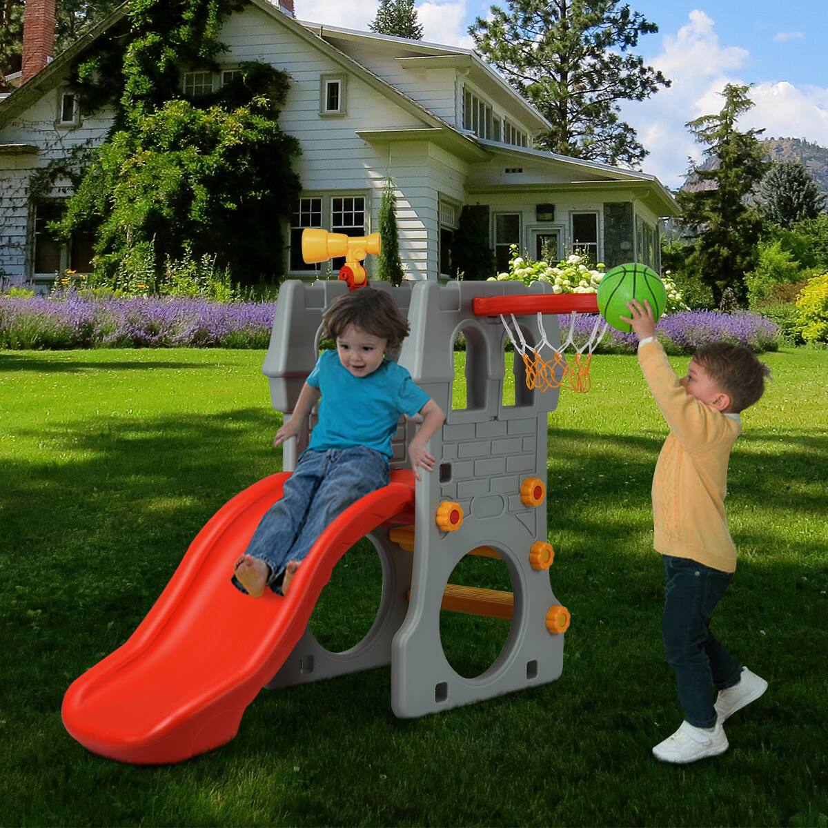 Alt View 3. Costway - Costway Children Climber Slide Set w/ Basketball Hoop and Telescope Toy Indoor & Outdoor - Multicolor.