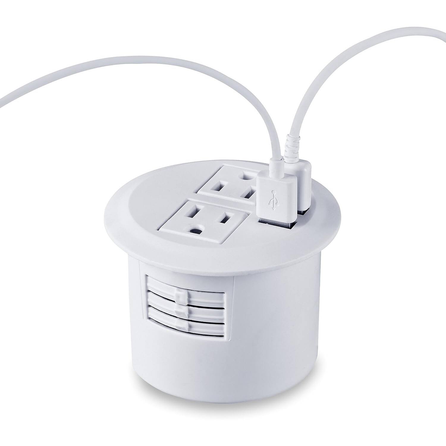 Back. PARKER SLATER - Desktop Power Grommet with 2 Outlets, 2 USB Ports, 10FT Extension Cord, Recessed Desk Socket – White - White.