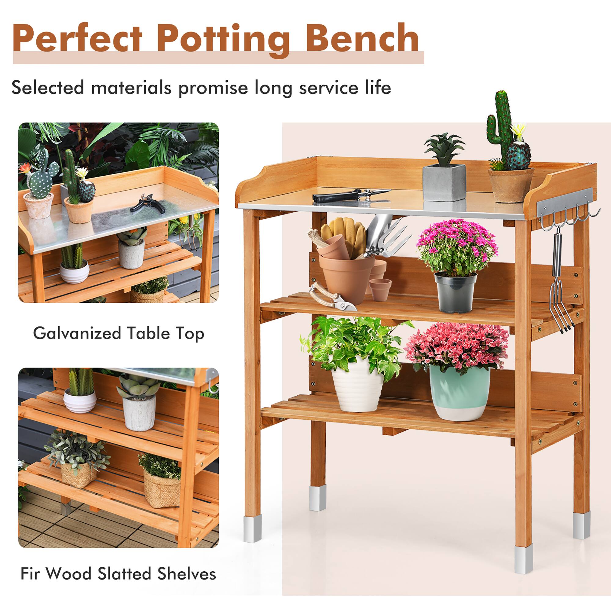 Perfect Potting Bench: Selected materials promise long service life. Galvanized Table Top Fir Wood Slatted Shelves.