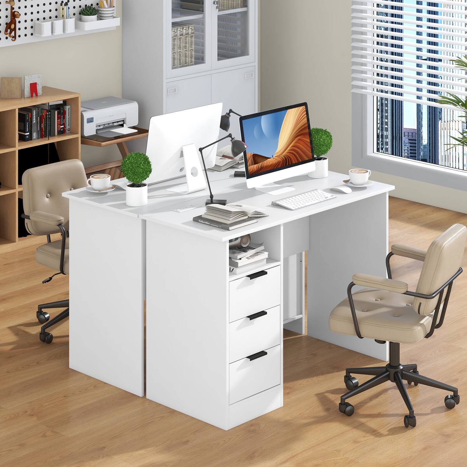 Alt View 4. Costway - Costway 42.5" Computer Desk with Built-in Charge Station 3 Drawers & Open Shelf - White.