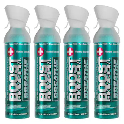 BOOST OXYGEN BREATHE
Since 2007
Pure Aviator's Blend
Menthol-Eucalyptus
Oxygen Pure
10 Inhalations
One-Second
200 to Up
CONTENTS UNDER PRESSURE
CAUTION: Contents under pressure. Do not store at temperatures above 120°F. Keep out of reach of children.
Net Vol = 610 cu in / 10,000 CMP
