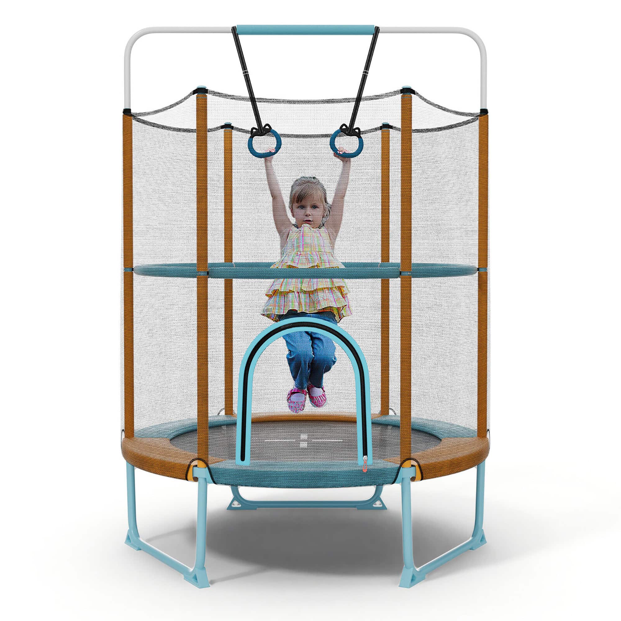 Gymax - 60'' Trampoline for Kids w/ Gymnastic Bar Rings Foamed Handle No Gap Design Blue & Orange - Blue, Orange price history on PriceWatchPro