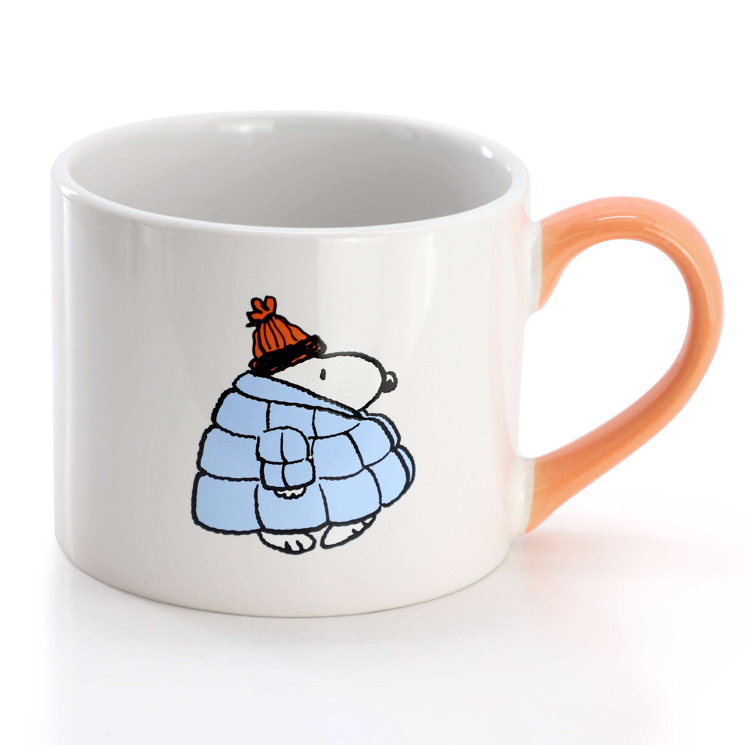 Front. Peanuts - Peanuts All Bundled Up 4 Piece 19 Ounce Stackable Stoneware Mug Set in Peach - $34.99.