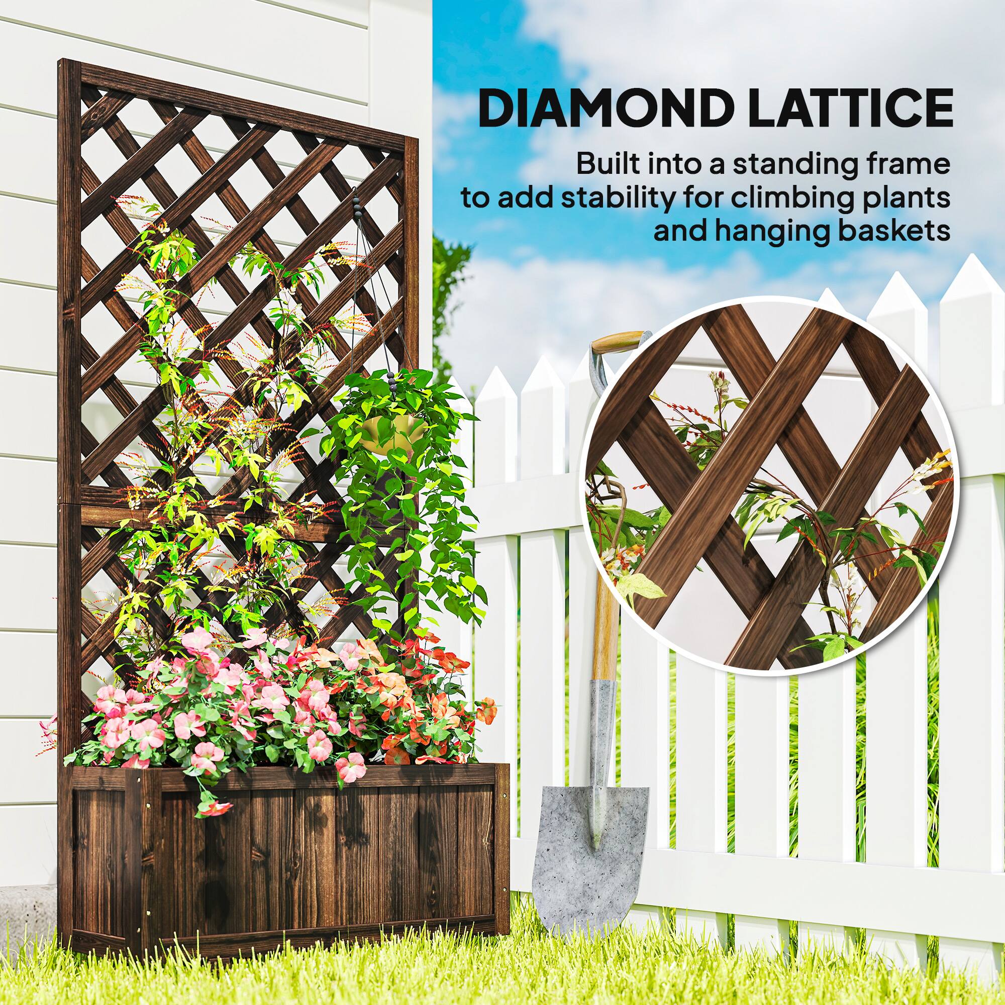 DIAMOND LATTICE  
Built into a standing frame to add stability for climbing plants and hanging baskets