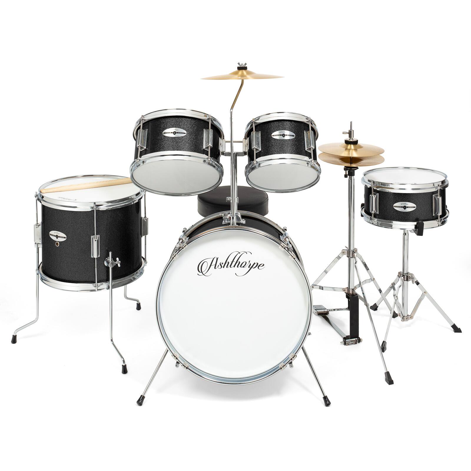Alt View 1. Ashthorpe - Beginner Drum Kit with Brass Cymbals (Set of 5) - Black.