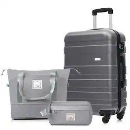 HTUTWOO - 3 Piece Travel Luggage Set -24in Checked Suitcase with TSA Lock,Travel Duffel Bag,Wet-Dry Toiletry Bag,Anti-Theft Zipper - Gray