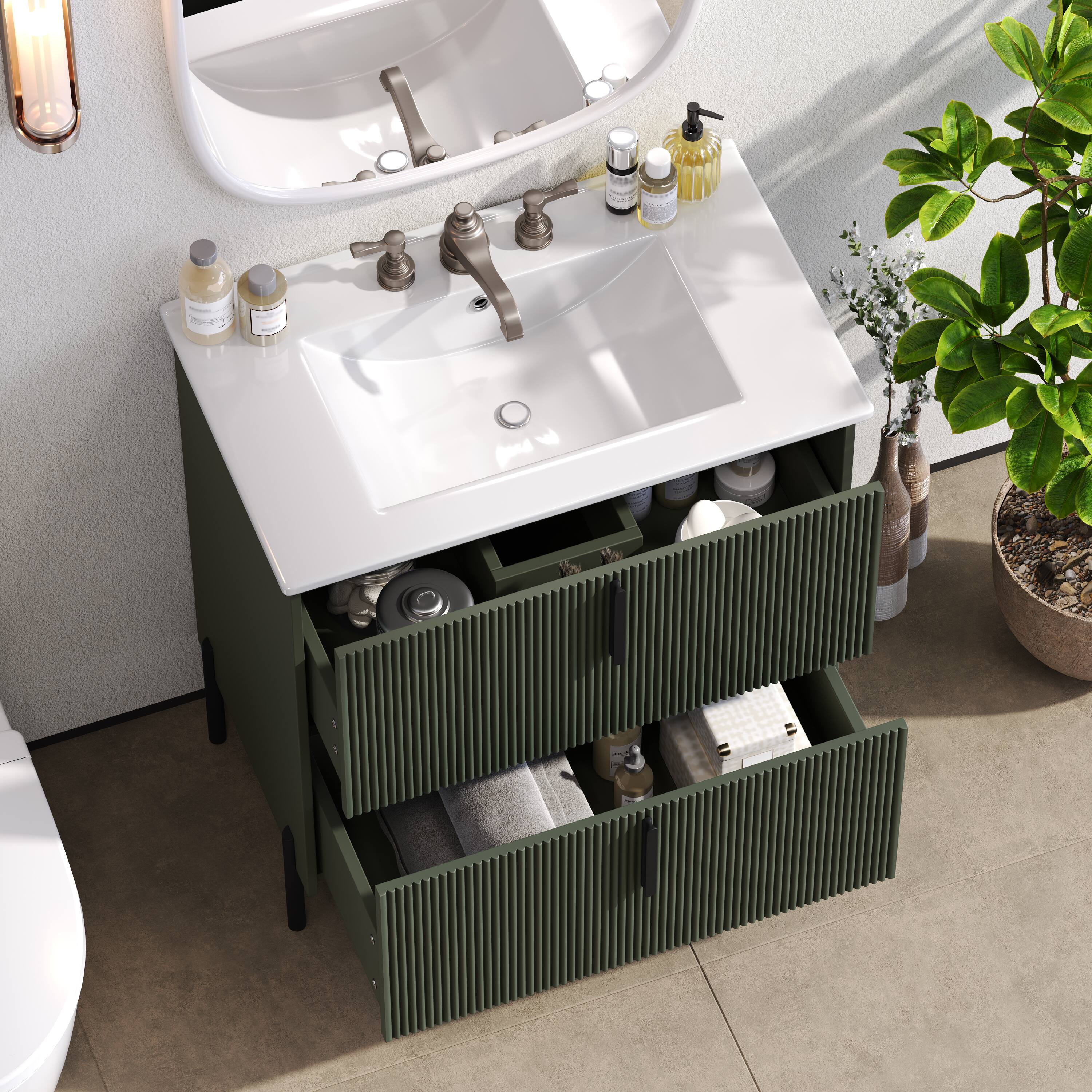Back. Loheer - 2.5 ft Bathroom Vanity with Ceramic Sink and Full Extension Drawers - Green.