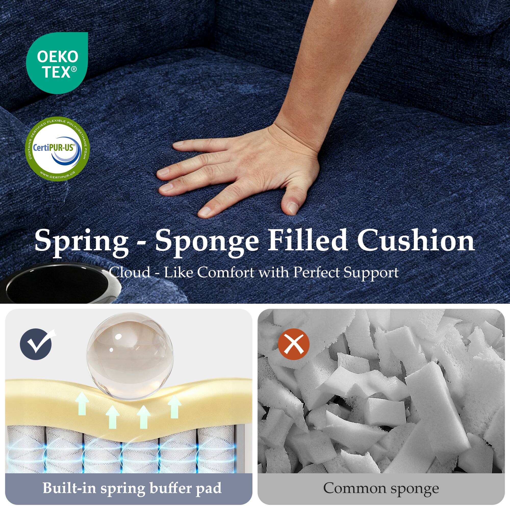 Spring - Sponge Filled Cushion  
Cloud - Like Comfort with Perfect Support  

Built-in spring buffer pad  

Common sponge