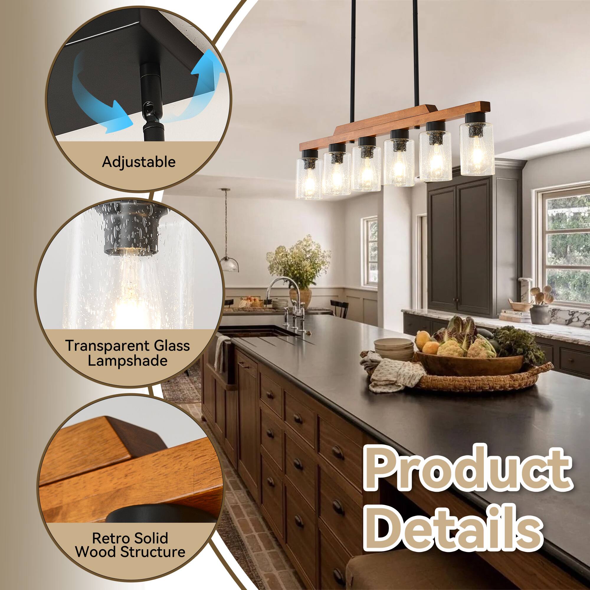 Adjustable  
Transparent Glass Lampshade  
Retro Solid Wood Structure  

Product Details