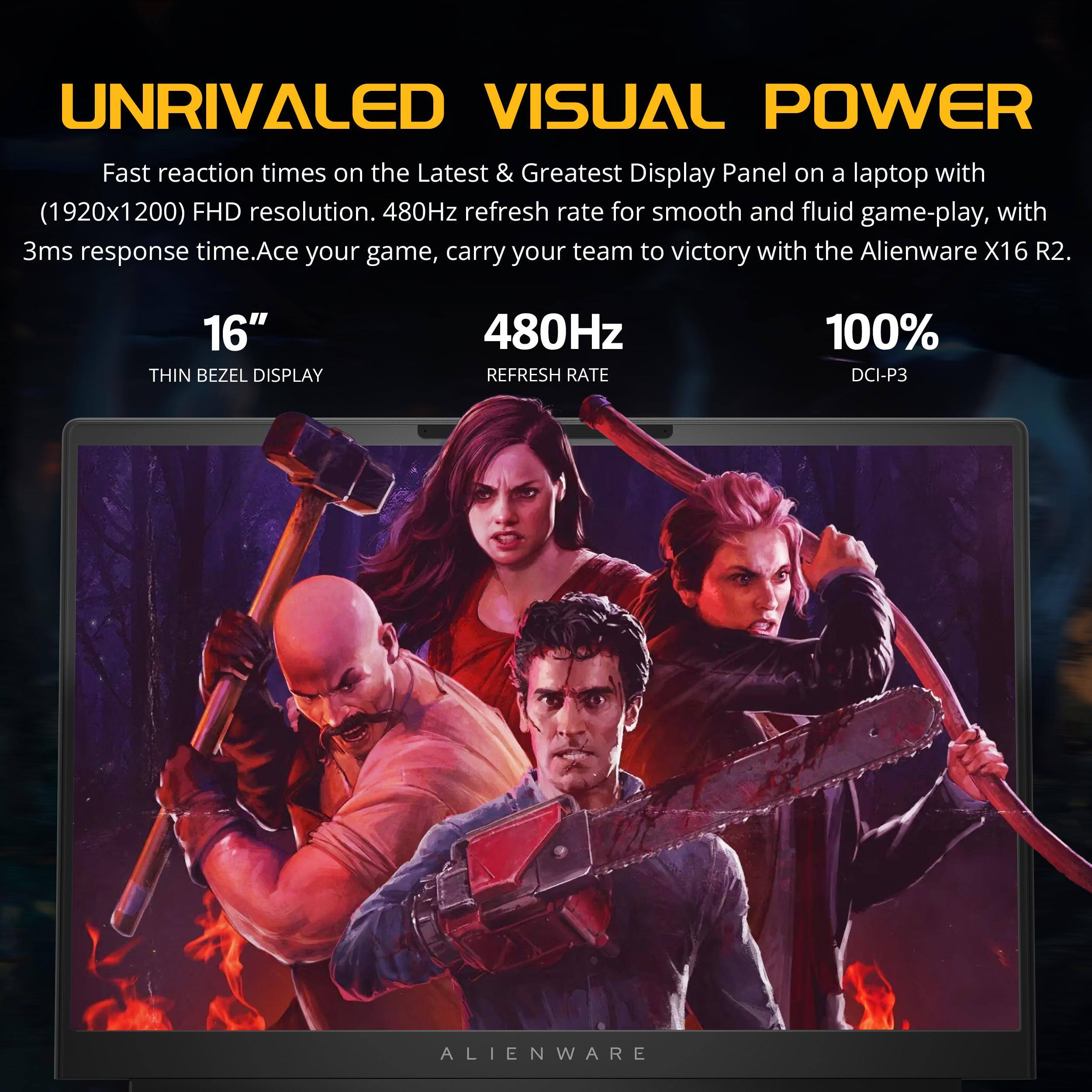 UNRIVALED VISUAL POWER

Fast reaction times on the Latest & Greatest Display Panel on a laptop with (1920x1200) FHD resolution. 480Hz refresh rate for smooth and fluid game-play, with 3ms response time. Ace your game, carry your team to victory with the Alienware X16 R2.

16" THIN BEZEL DISPLAY

480Hz REFRESH RATE

100% DCI-P3

ALIENWARE