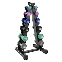 HolaHatha - 3, 5, 8, 10, 12 & 15 Pound Neoprene Dumbbell Weight Set w/Storage Rack - Multicolor