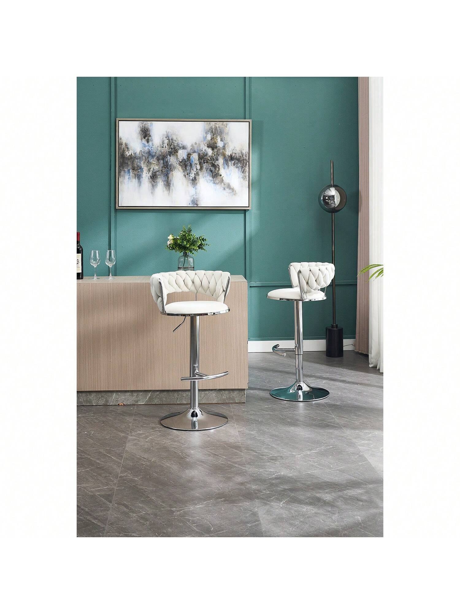 Left. Trinkets Crazed - Velvet Bar Stools Set Of 2, Modern Swivel Barstools With Woven Backrest, Adjustable Counter Stools - Cream.