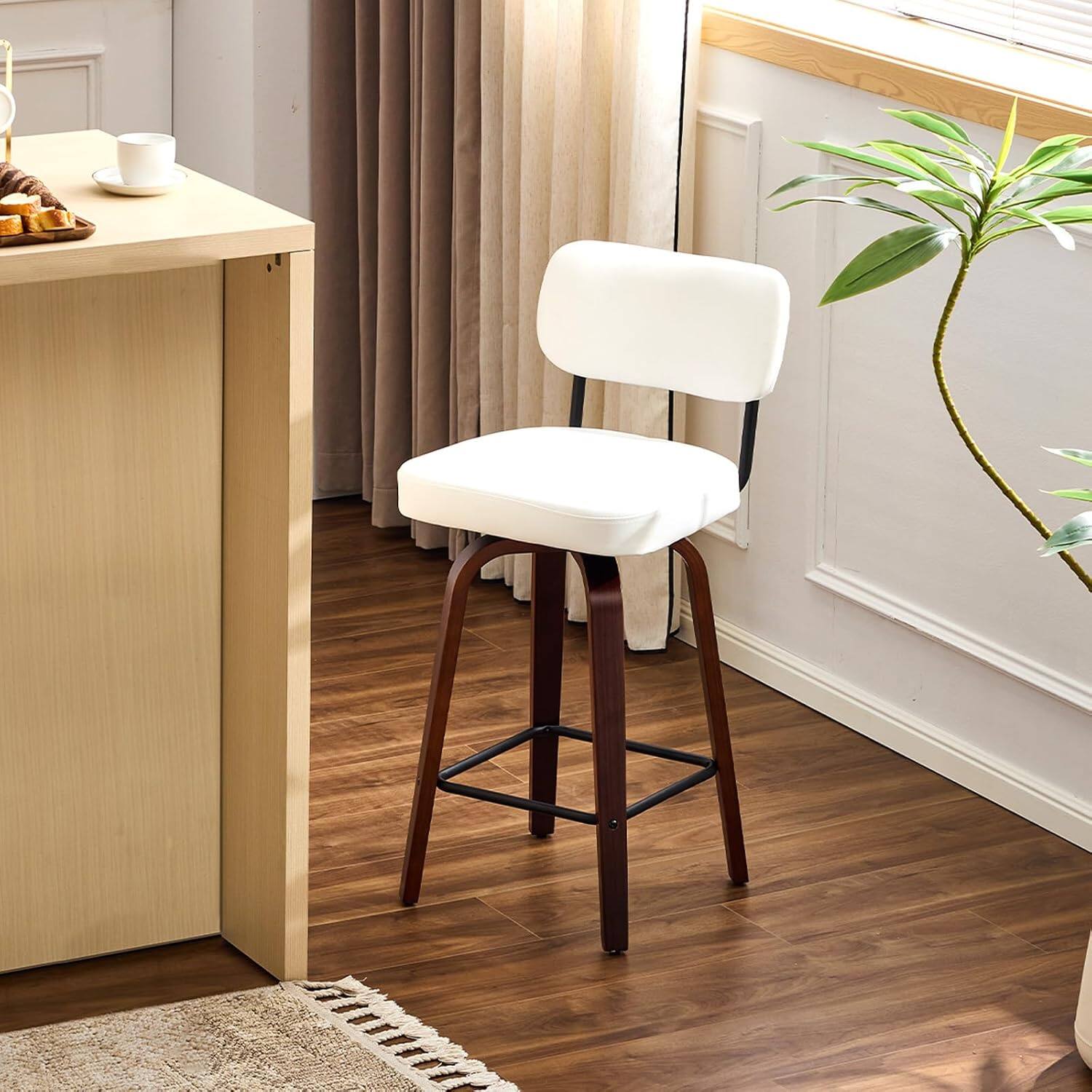 Alt View 5. Winado - Modern Bar Stool 26" H, PU Leather 360° Swivel, Solid Wood Legs Barstools for Kitchen Island & Home Bar - Beige Fabric-Set of 1.