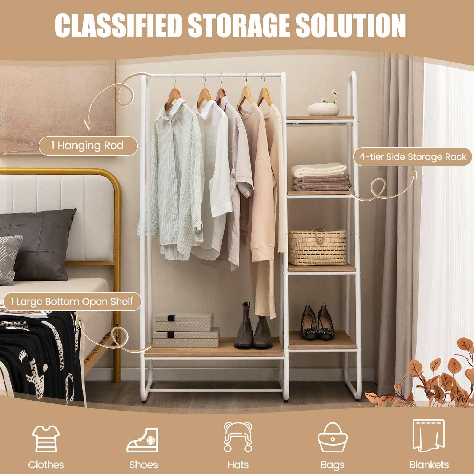CLASSIFIED STORAGE SOLUTION

1 Hanging Rod

4-tier Side Storage Rack

1 Large Bottom Open Shelf

Clothes  
Shoes  
Hats  
Bags  
Blankets