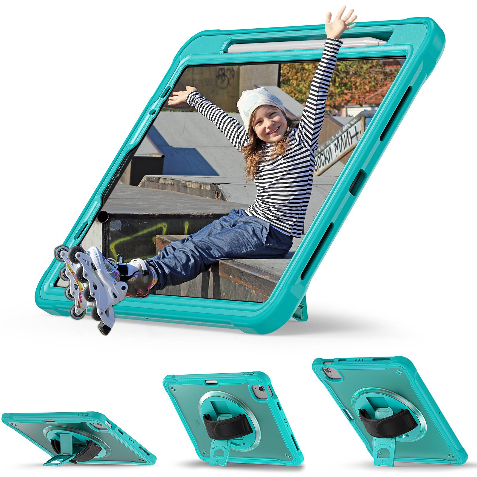 Alt View 4. Dteck - Rugged Case for iPad Air 11-inch M4(2026)/M3 (2025) /M2 Shockproof Handstrap Foldable Kickstand Cover+Crossbody Strap - Blue.