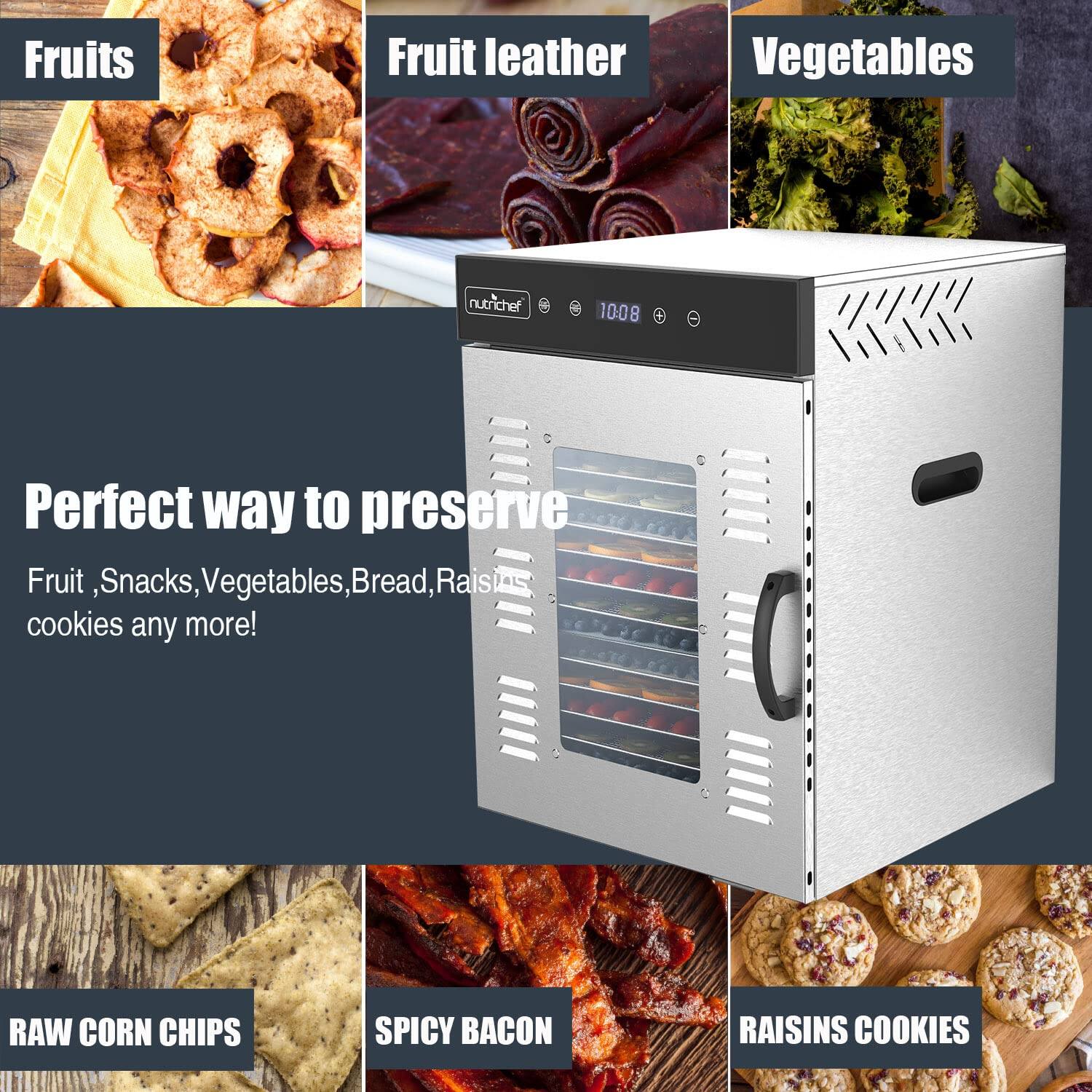 Fruits  
Fruit leather  
Vegetables  

Perfect way to preserve Fruit, Snacks, Vegetables, Bread, Raisins, cookies any more!  

RAW CORN CHIPS  
SPICY BACON  
RAISINS COOKIES