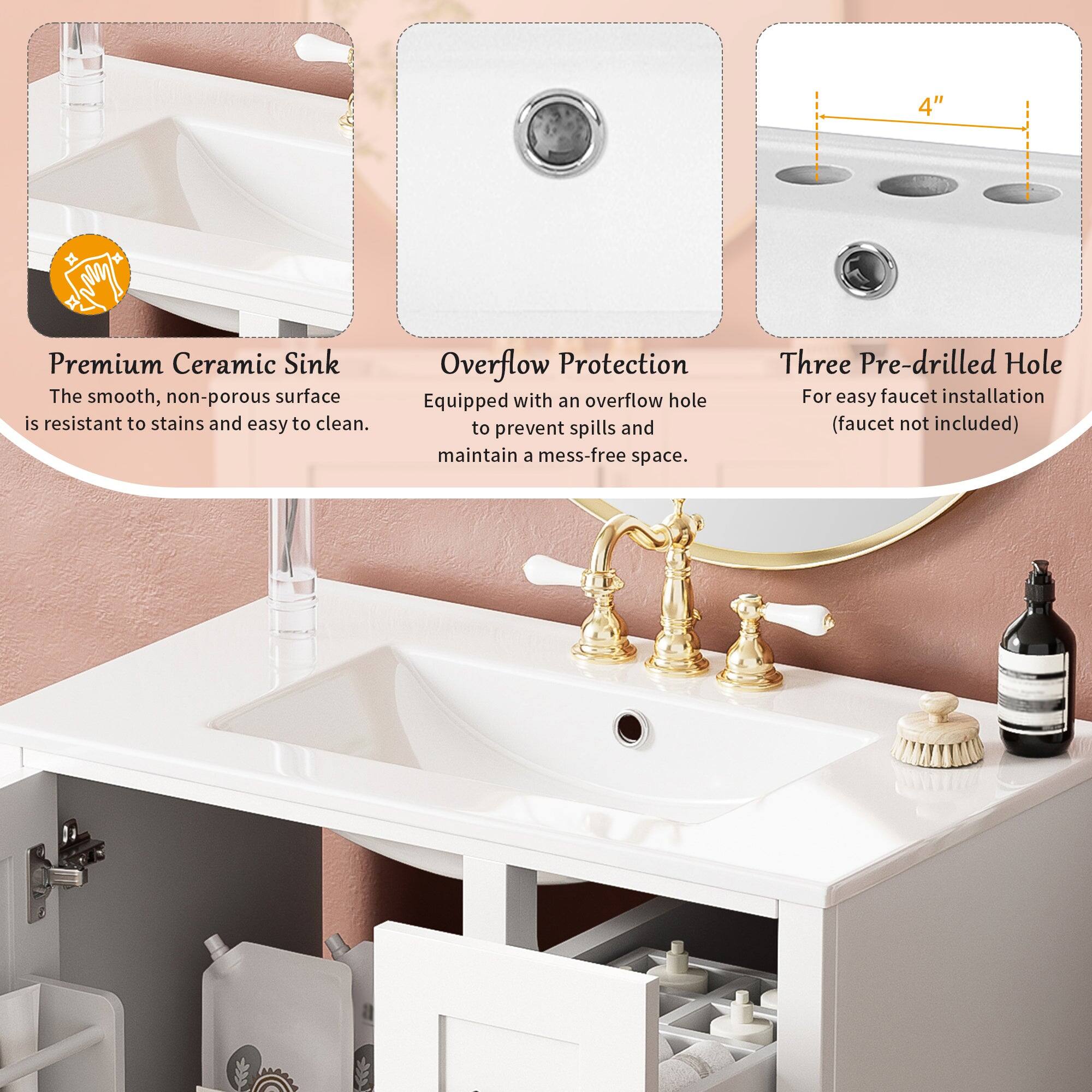 4" Premium Ceramic Sink  
The smooth, non-porous surface is resistant to stains and easy to clean.  

Overflow Protection  
Equipped with an overflow hole to prevent spills and maintain a mess-free space.  

Three Pre-drilled Hole  
For easy faucet installation (faucet not included)