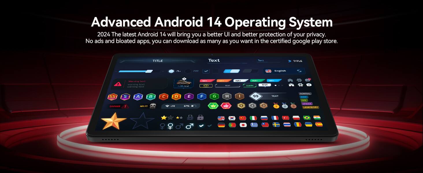 Advanced Android 14 Operating System  
2024 The latest Android 14 will bring you a better UI and better protection of your privacy. No ads and bloated apps, you can download as many as you want in the certified google play store.  

TITLE  
Text  
TITLE: [+ English ! infoa lent beas warning TT v tuan AI .... A TEET I.A 1N LLEAI LEA1 TT SS S A B  D E F G H I 99 TEXT NORIAL S.N.. m DANSER ! HAIN LTE 67% t 1 2 1 2 3  LEGETWI ARV 1o