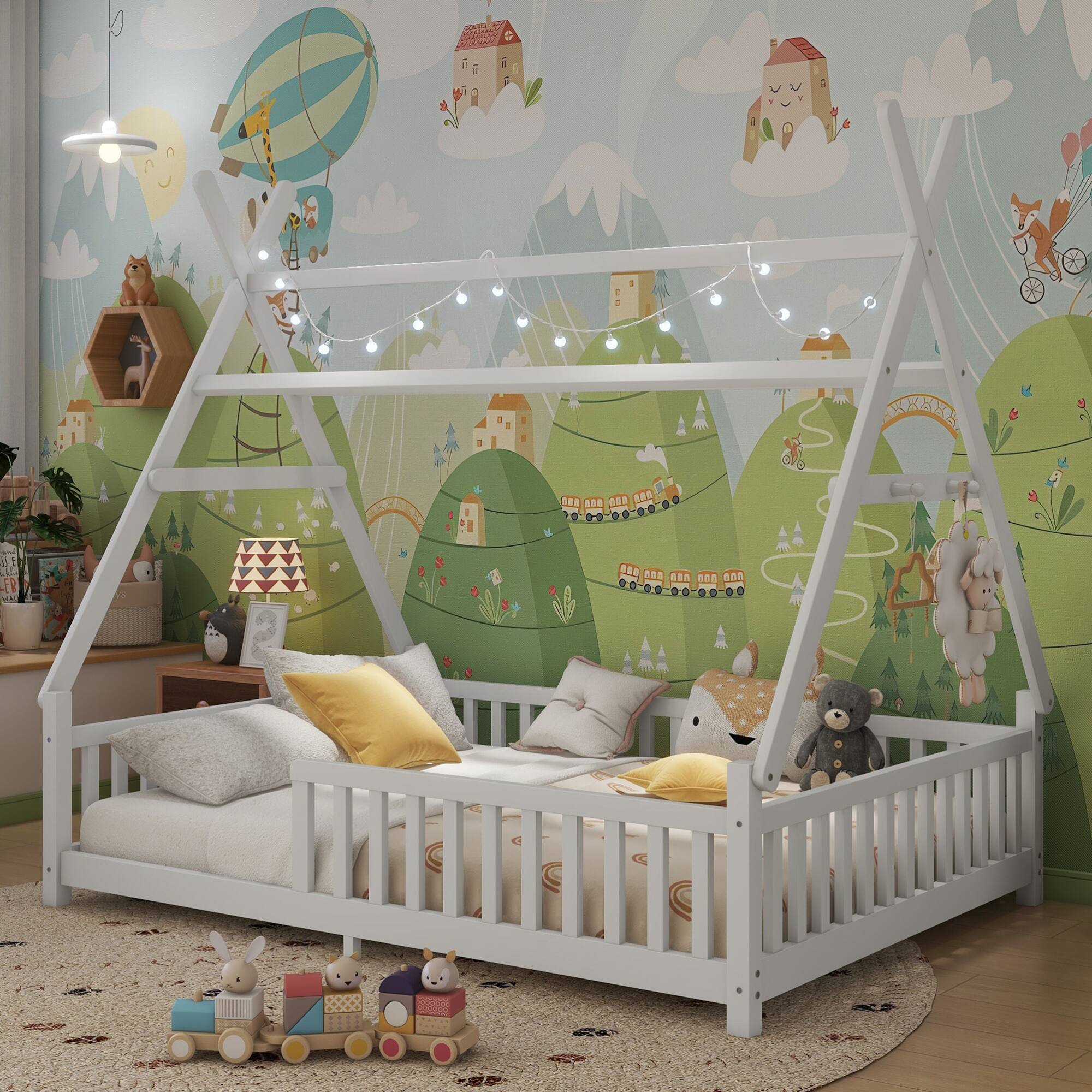 Alt View 1. GOODSILO - Full Size Low Profile House Frame Bed with Detachable Roof and LED Light Kit for Children's Bedroom - White.