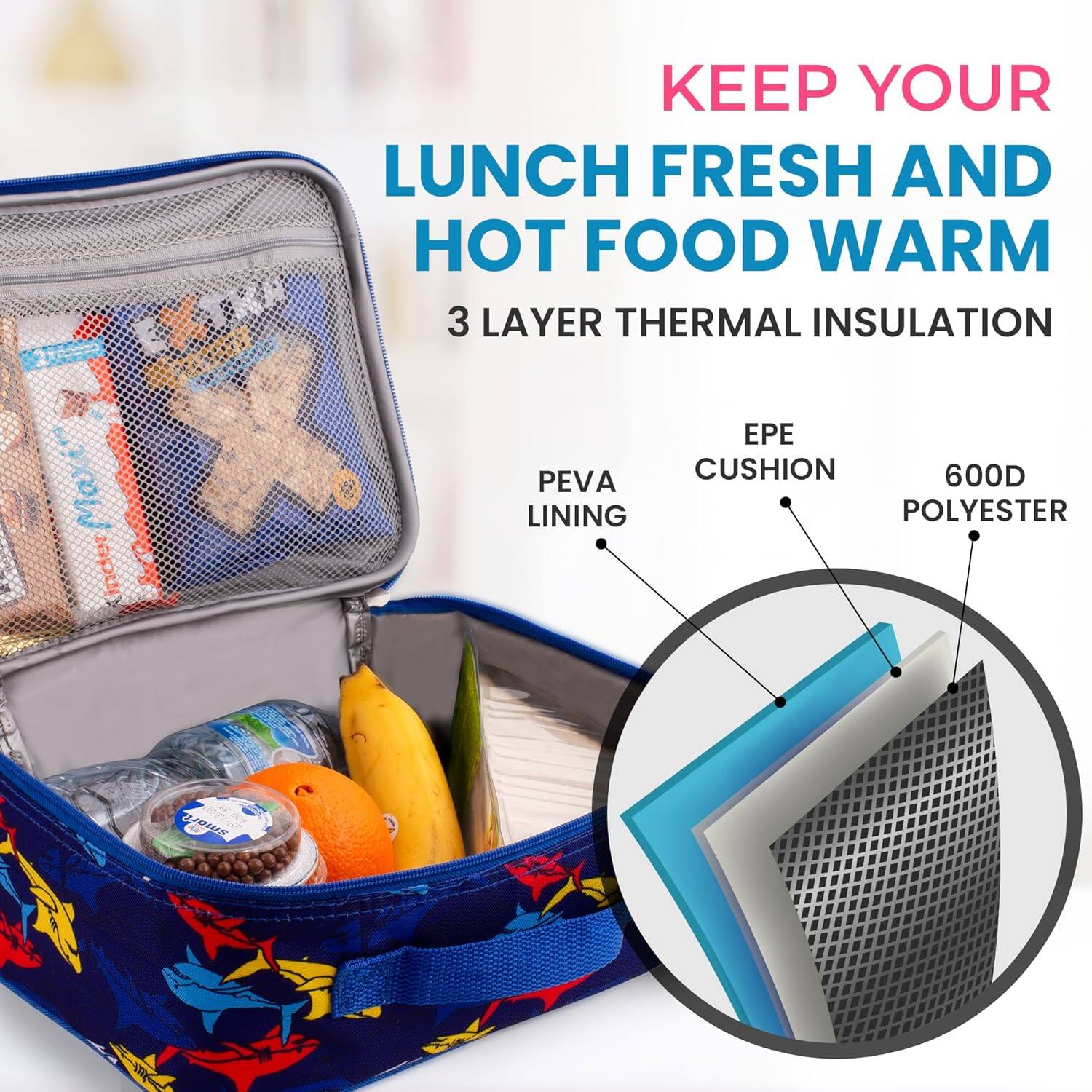 KEEP YOUR LUNCH FRESH AND HOT FOOD WARM  
3 LAYER THERMAL INSULATION  
PEVA LINING  
EPE CUSHION  
600D POLYESTER