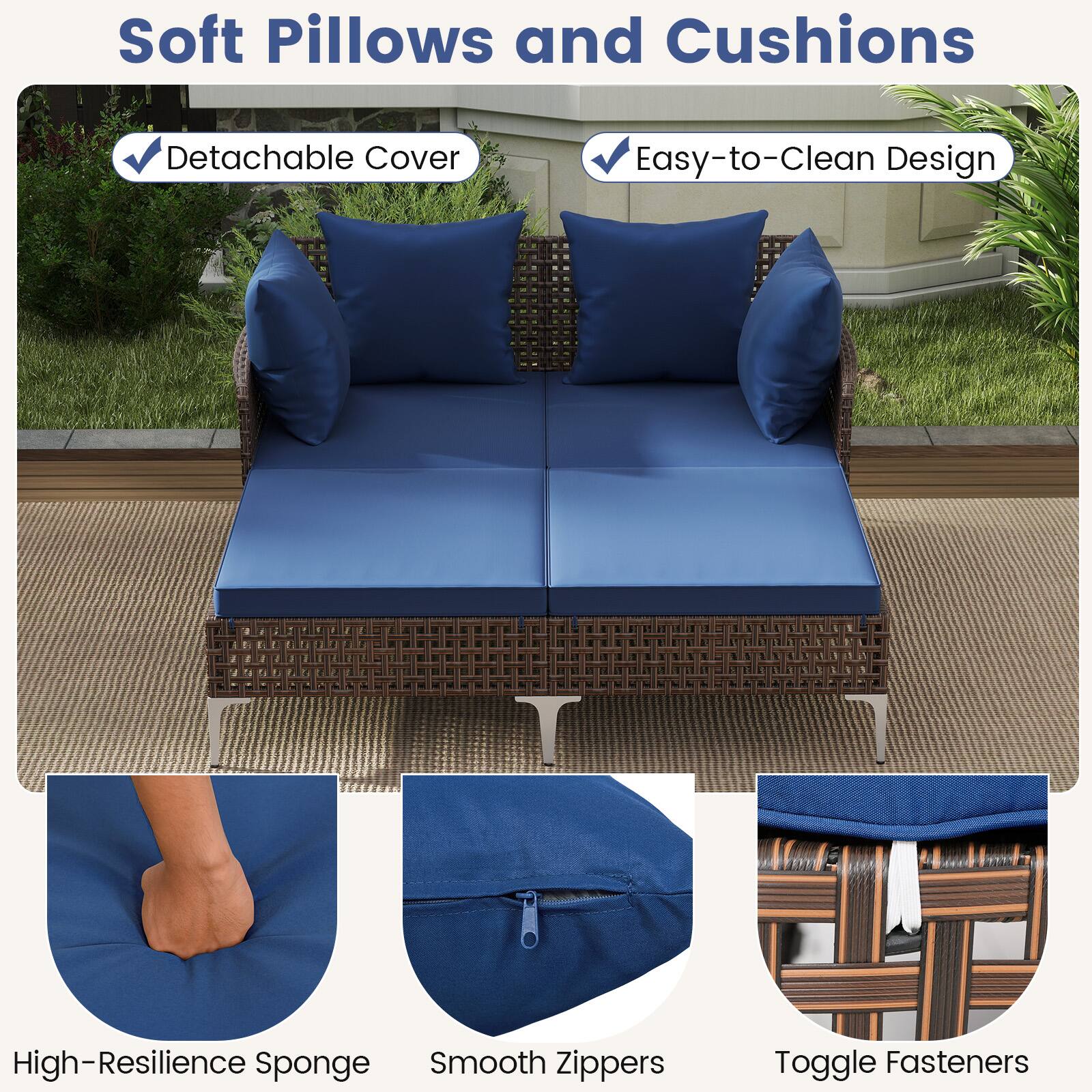 Soft Pillows and Cushions

- Detachable Cover
- Easy-to-Clean Design

- High-Resilience Sponge
- Smooth Zippers
- Toggle Fasteners