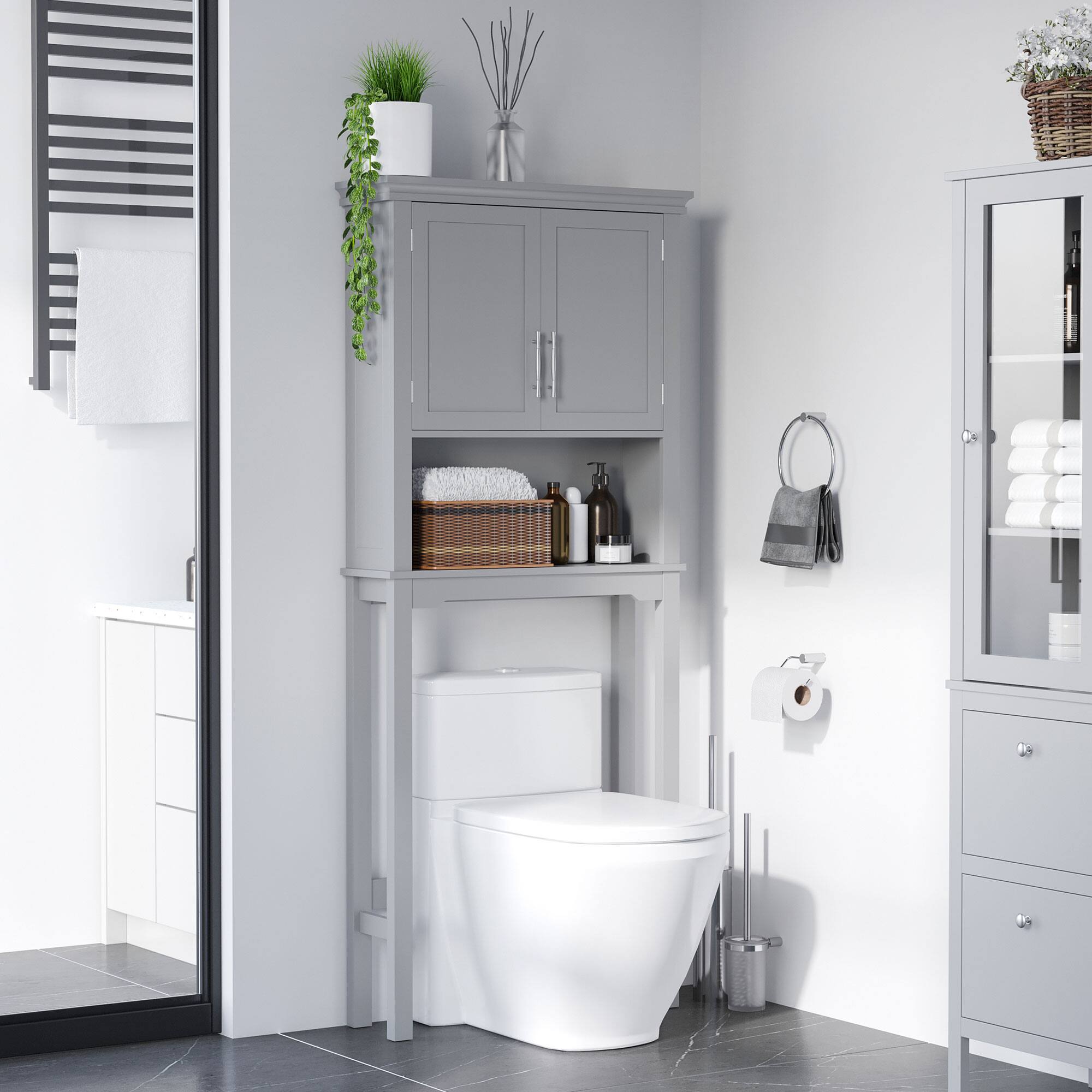 Alt View 1. Kleankin - Modern Over The Toilet Storage Cabinet, Double Door Bathroom Organizer with Inner Adjustable Shelf - Grey.