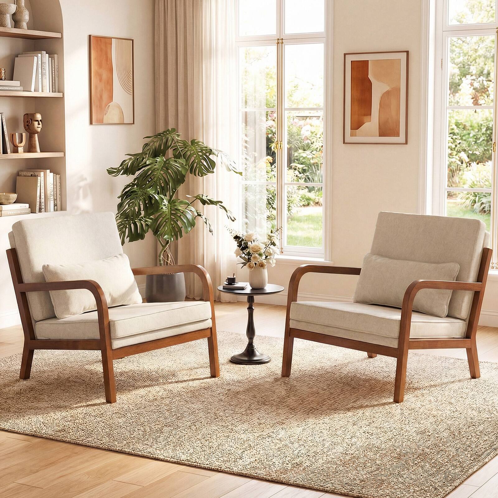Alt View 1. Gymax - Gymax 2PCS Linen Fabric Upholstered Armchair w/ Lumbar Pillow Removable Back Beige - Beige.