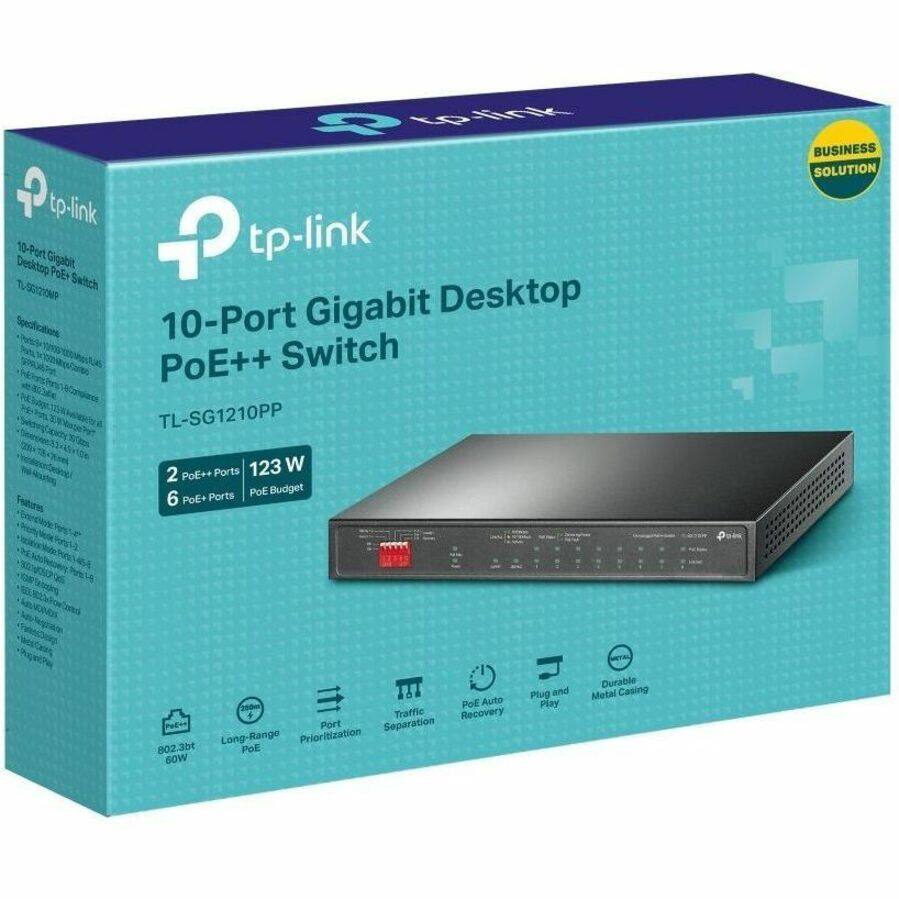 Sure, here is the corrected and grouped text:

---

**TP-Link 10-Port Gigabit Desktop PoE++ Switch**

**Model:** TL-SG1210PP

**Specifications:**
- **Ports:** 10 Gigabit Ethernet Ports
- **PoE++ Ports:** 2
- **PoE+ Ports:** 6
- **PoE Budget:** 123 W

**Features:**
- **802.3bt PoE:** 60W
- **Long-Range PoE**
- **Port Prioritization**
- **Traffic Separation**
- **PoE Auto Recovery**
- **Plug and Play**
- **Durable Metal Casing**

**Business Solution**

---

This text is organized to reflect the information from the image accurately.