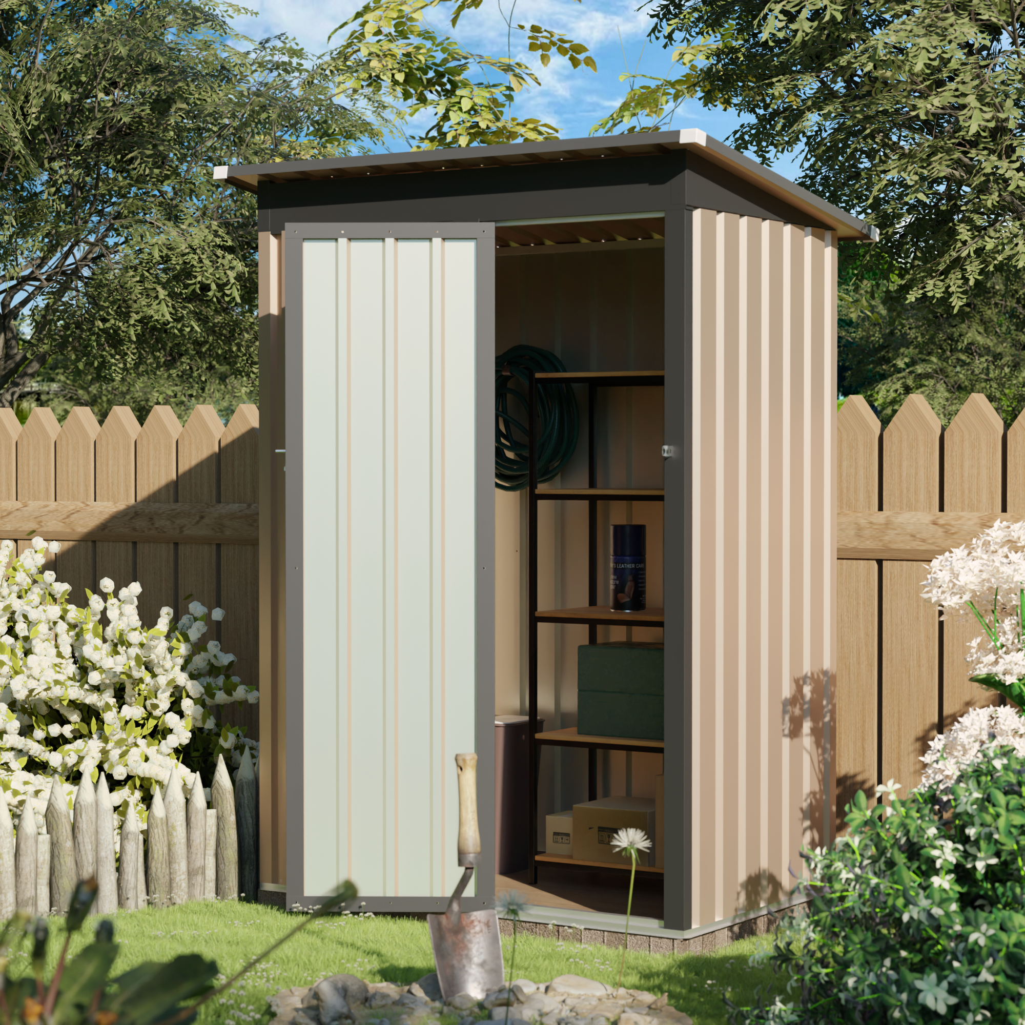 Angle. Anysun - 4.27 FT x 2.42 FT Metal Garden Shed – 5 x 3 FT Pent Roof with Hinge Door, Galvanized Steel Outdoor Storage - Black+Brown.