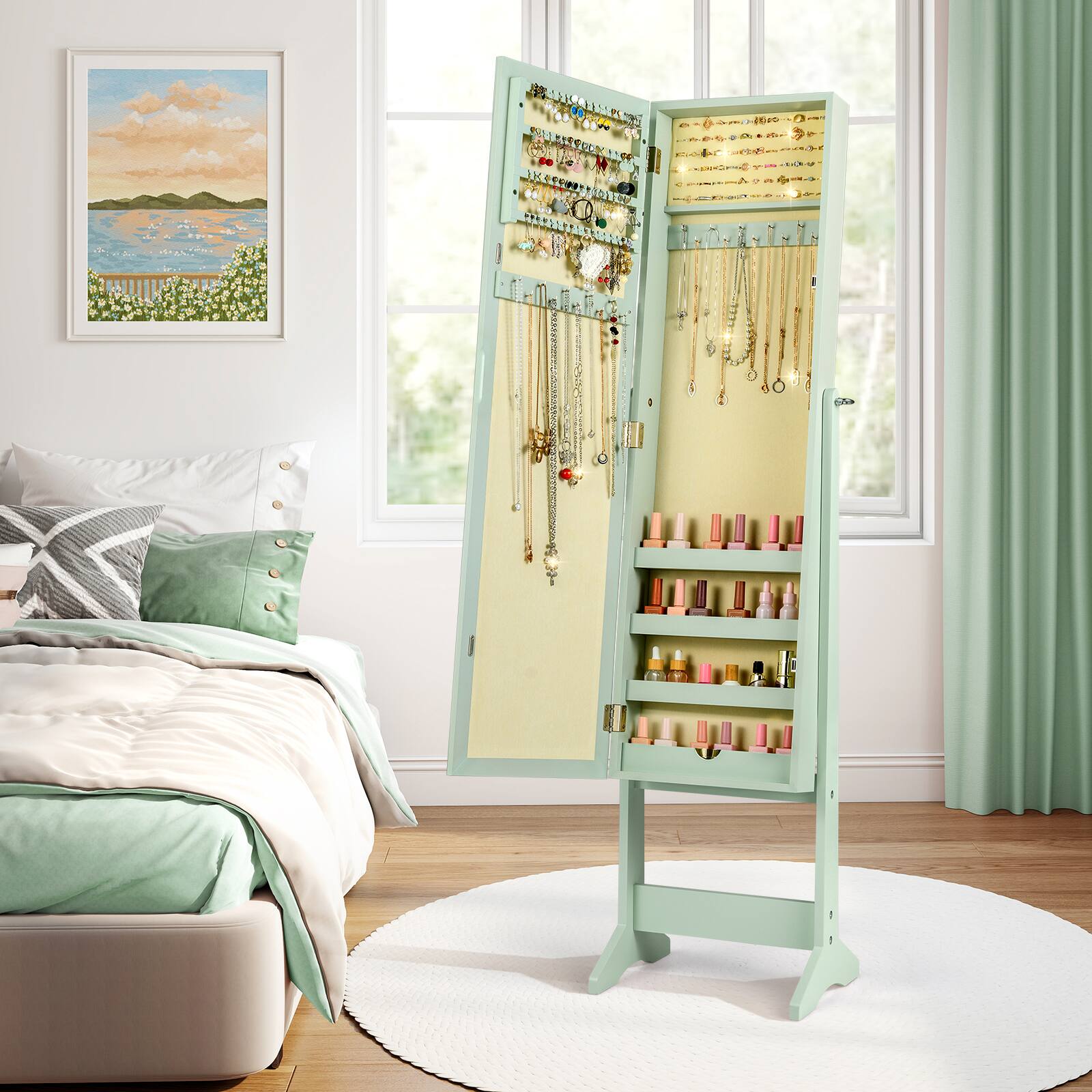 Alt View 1. Costway - Costway Jewelry Mirrored Cabinet Armoire Organizer Storage Box with Stand Christmas Gift - Green.