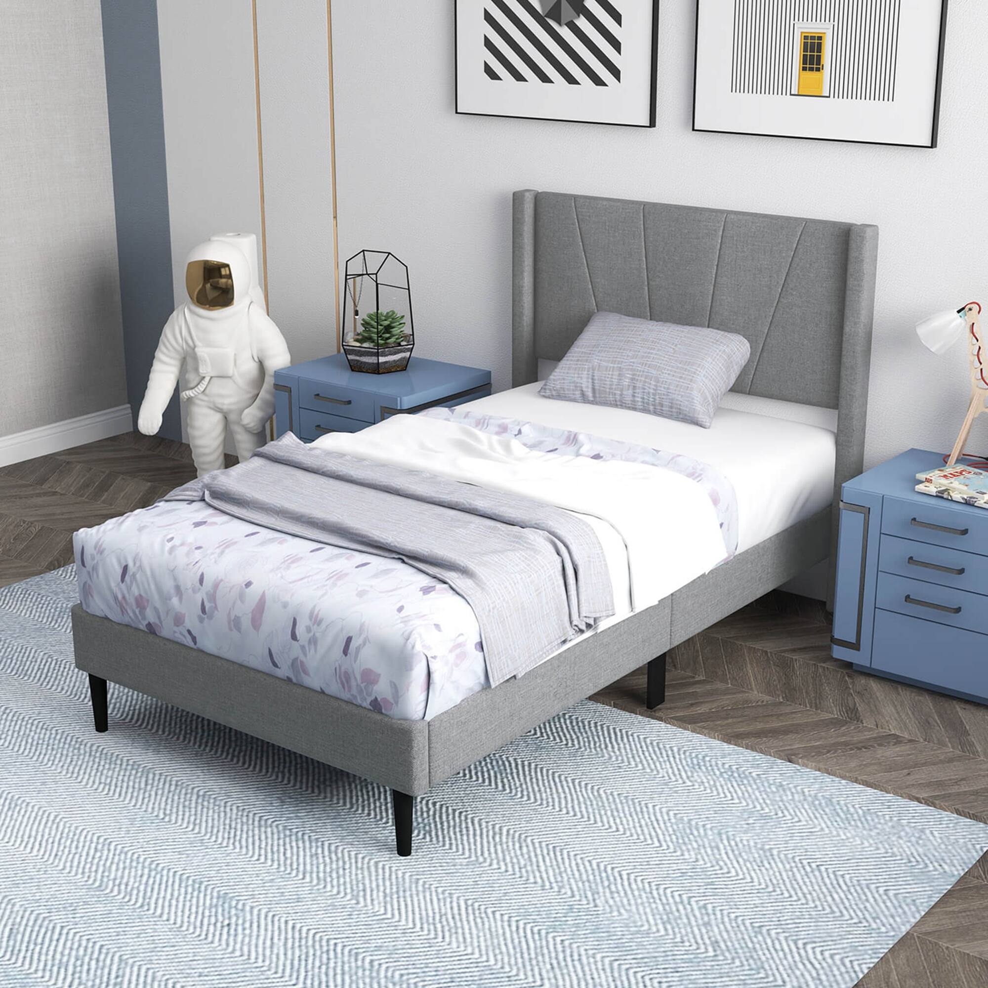 Alt View 4. Costway - Twin Bed Frame Modern Platform Bed with Linen Upholstered Wingback Headboard - Grey.