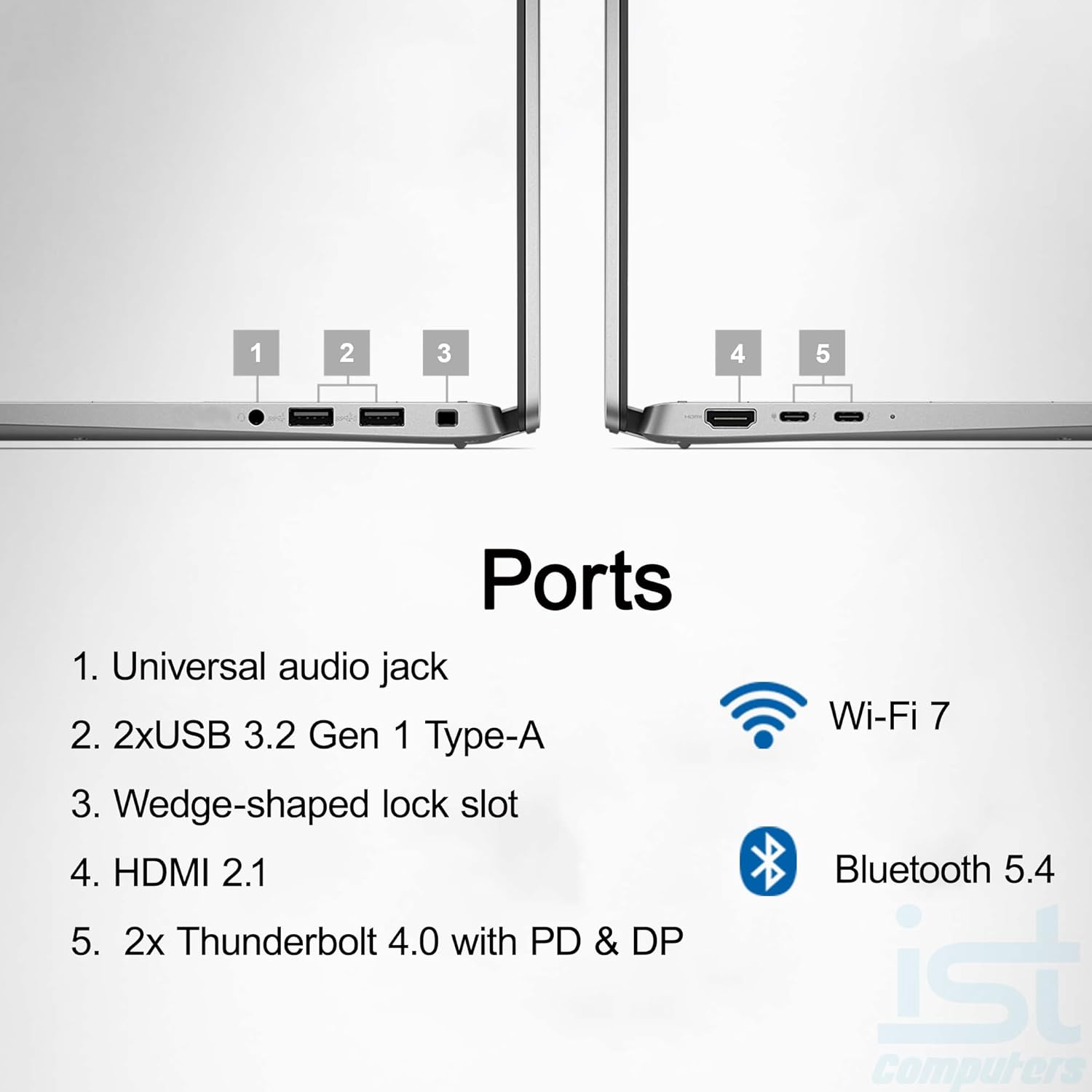 1. Universal audio jack  
2. 2xUSB 3.2 Gen 1 Type-A  
3. Wedge-shaped lock slot  
4. HDMI 2.1  
5. 2x Thunderbolt 4.0 with PD & DP  

Wi-Fi 7  
Bluetooth 5.4