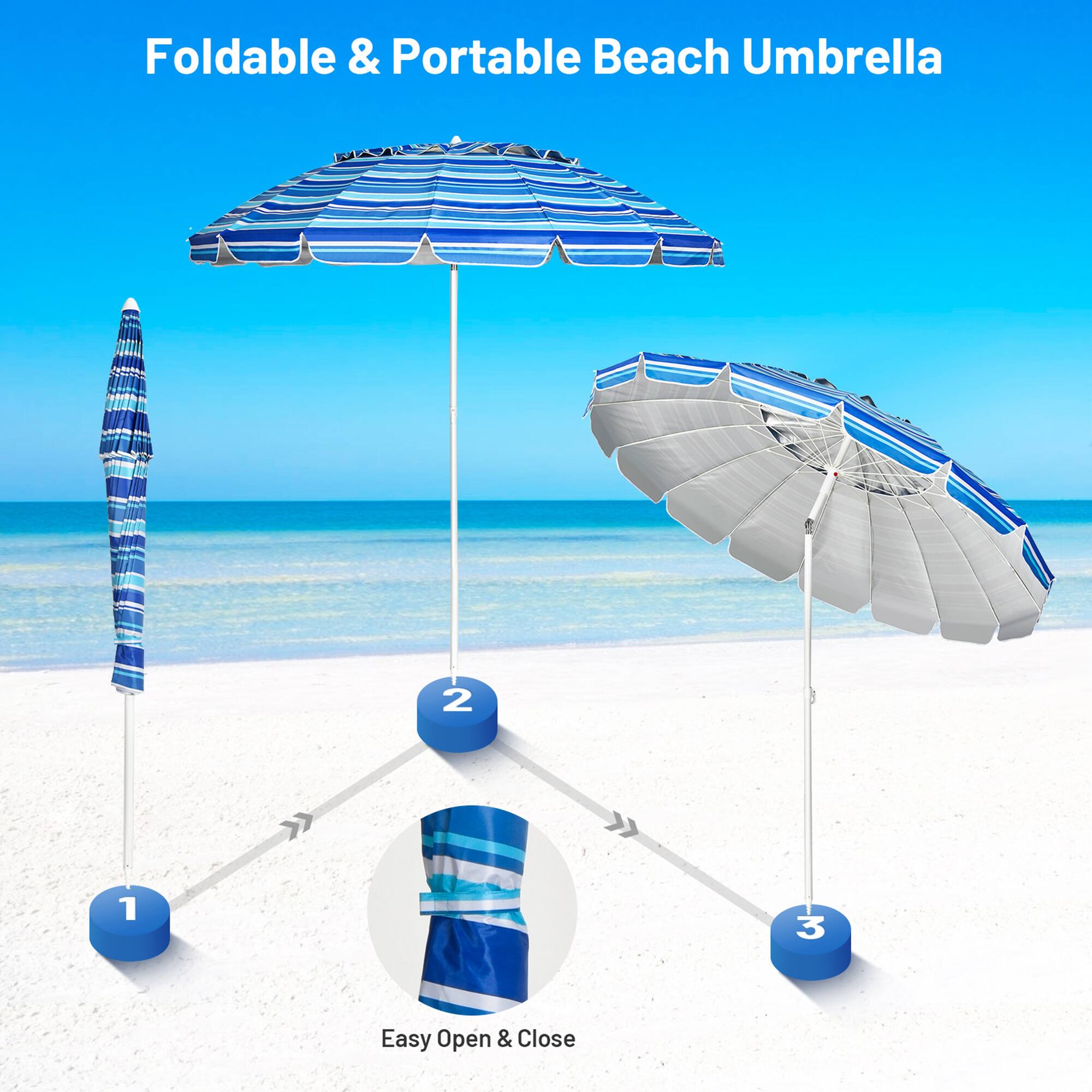 Foldable & Portable Beach Umbrella

1. Easy Open & Close

2.

3.