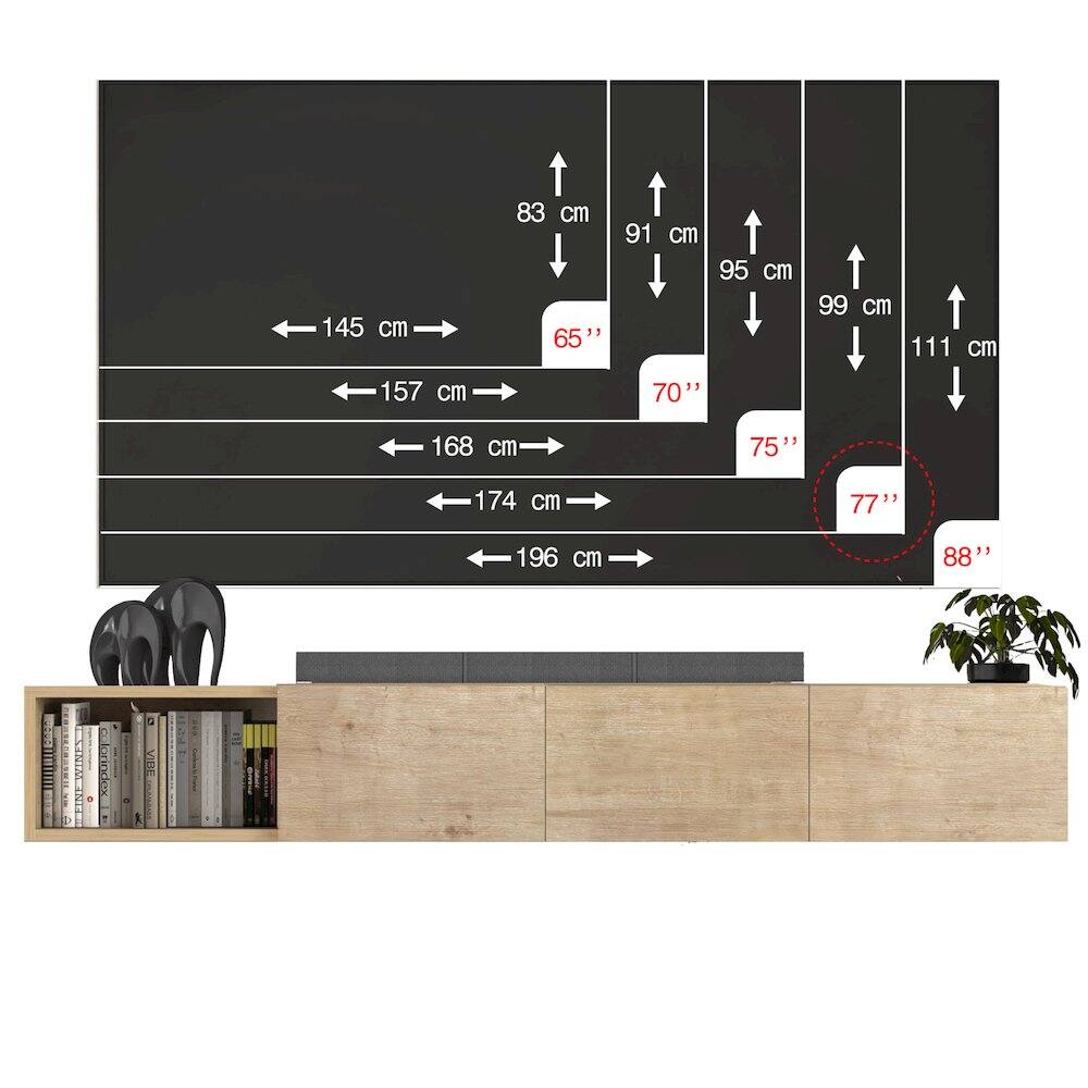 145 cm  
157 cm  
168 cm  
174 cm  
196 cm  

83 cm  
91 cm  
95 cm  
99 cm  
111 cm  

65"  
70"  
75"  
77"  
88"