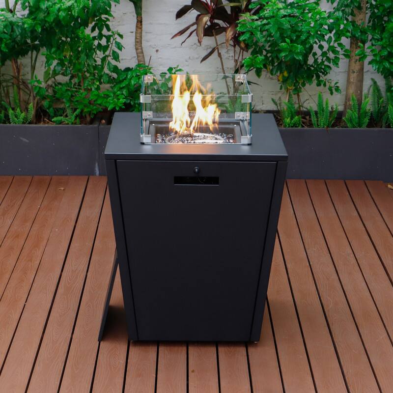 Left. LeisureMod - Chelsea Outdoor Aluminum Square Fire Pit Table with Glass Wind Guard for Patio, Deck and Backyard - Black.