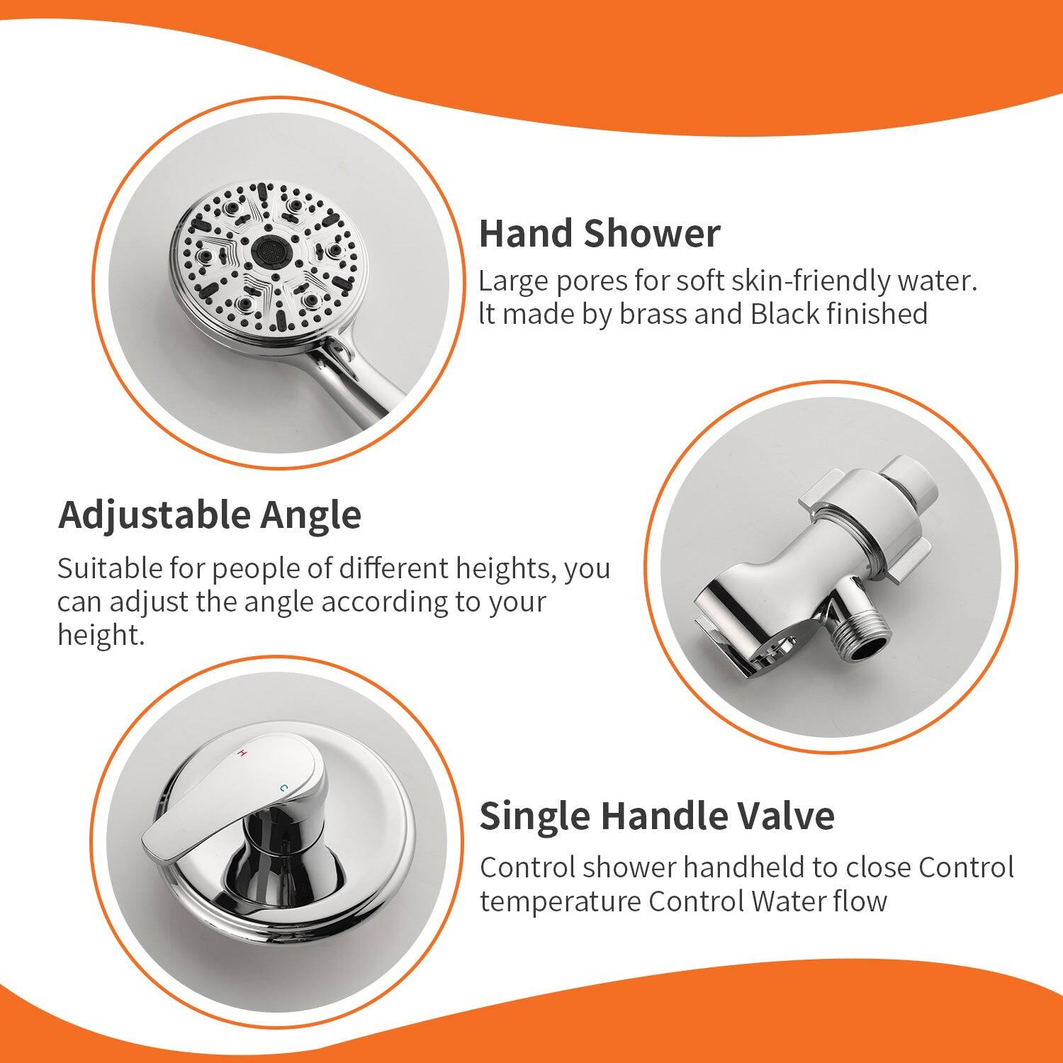 Hand Shower  
Large pores for soft skin-friendly water.  
It made by brass and Black finished  

Adjustable Angle  
Suitable for people of different heights, you can adjust the angle according to your height.  

Single Handle Valve  
Control shower handheld to close  
Control temperature Control Water flow