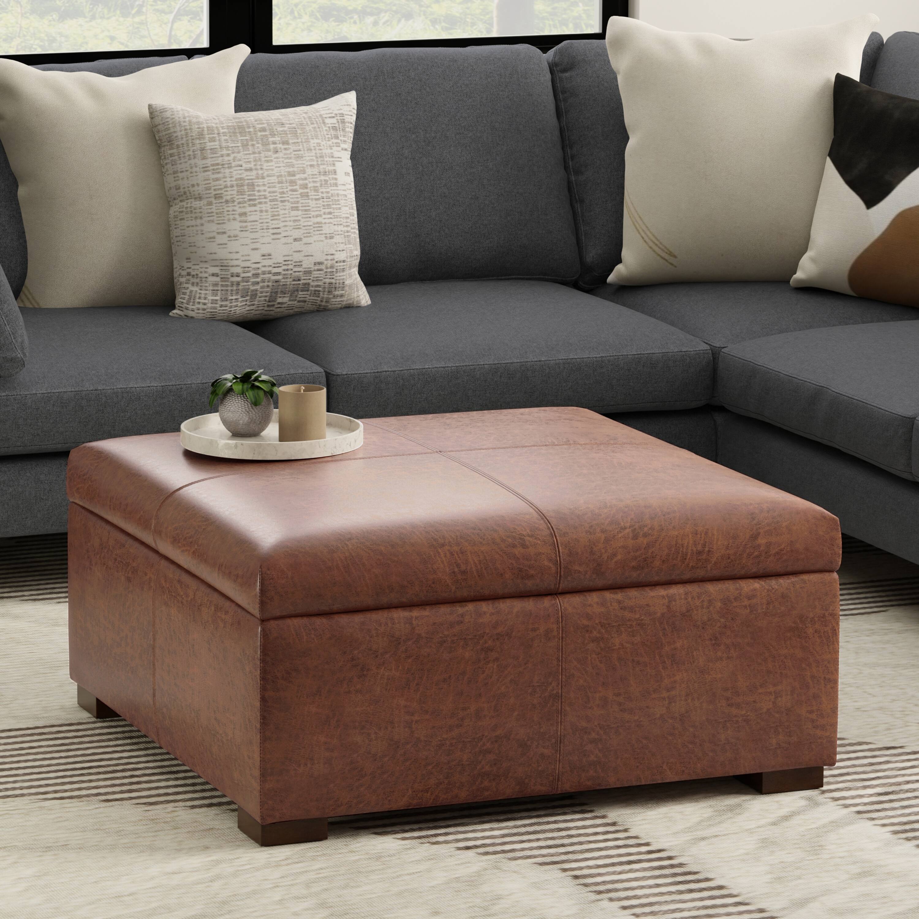 Angle. Simpli Home - Gabbie 36 inch Wide Square Coffee Table Storage Ottoman in Distressed Saddle Brown Vegan Leather - Distressed Saddle Brown.