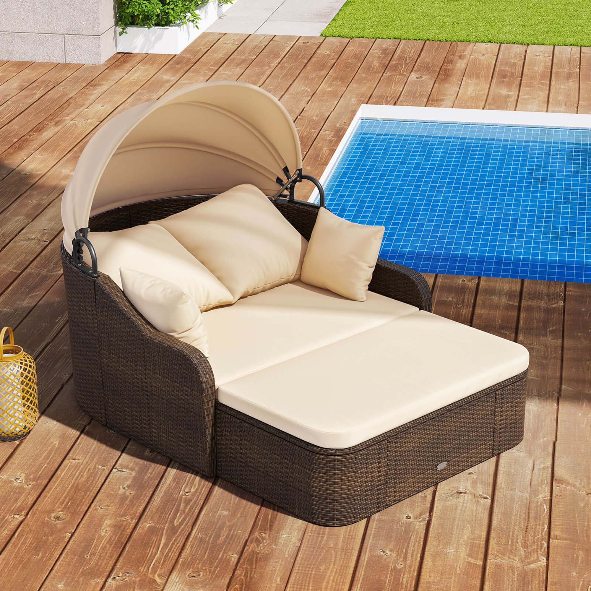 Alt View 7. Costway - Patio PE Rattan Daybed with Retractable Canopy Soft Cushions and Extra Pillows - Beige,Mix Brown.