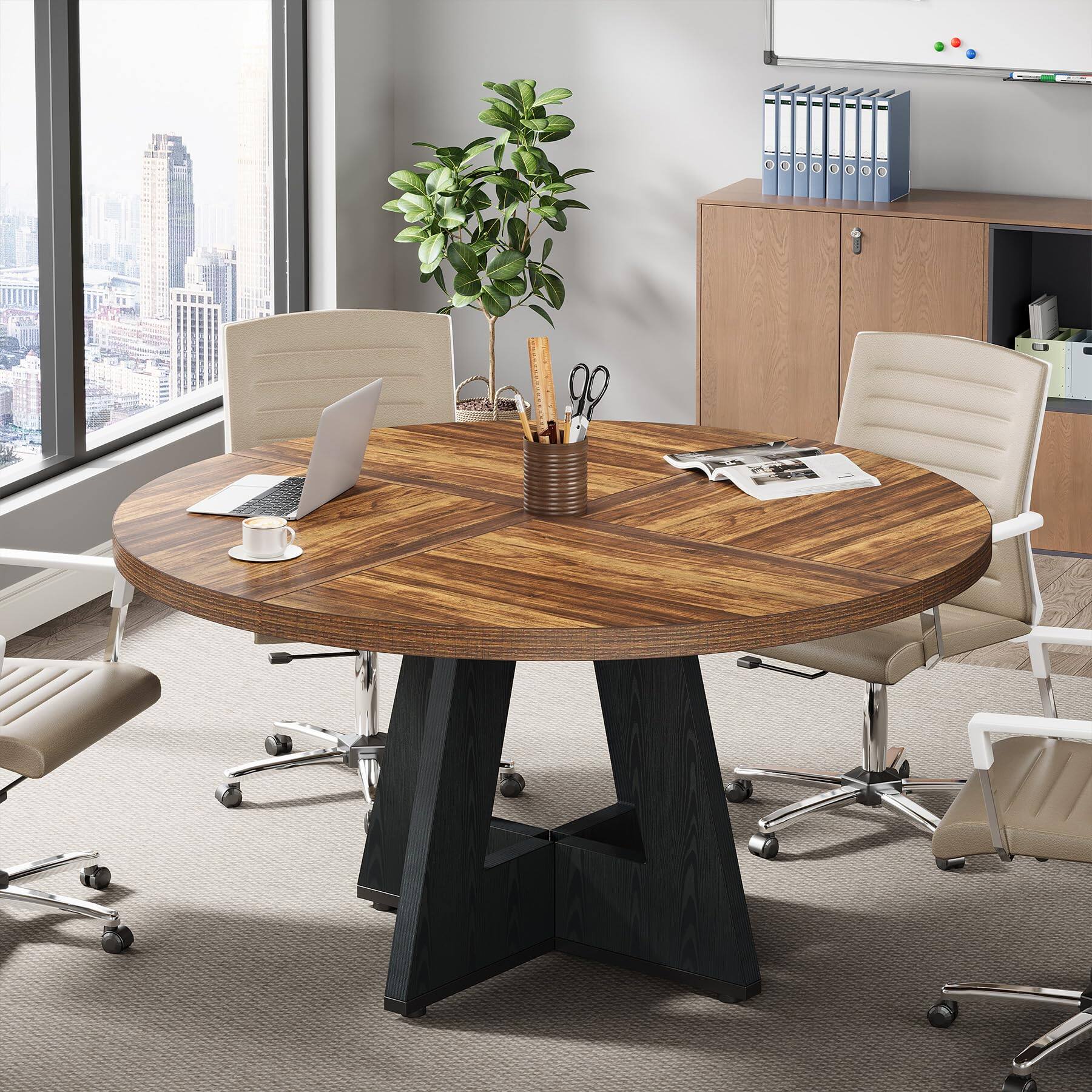 Back. Tribesigns - 47.2-Inch Round Conference Table with Thick Wood Top and Wood Base for Office Meeting Rooms - Rustic Brown+black.