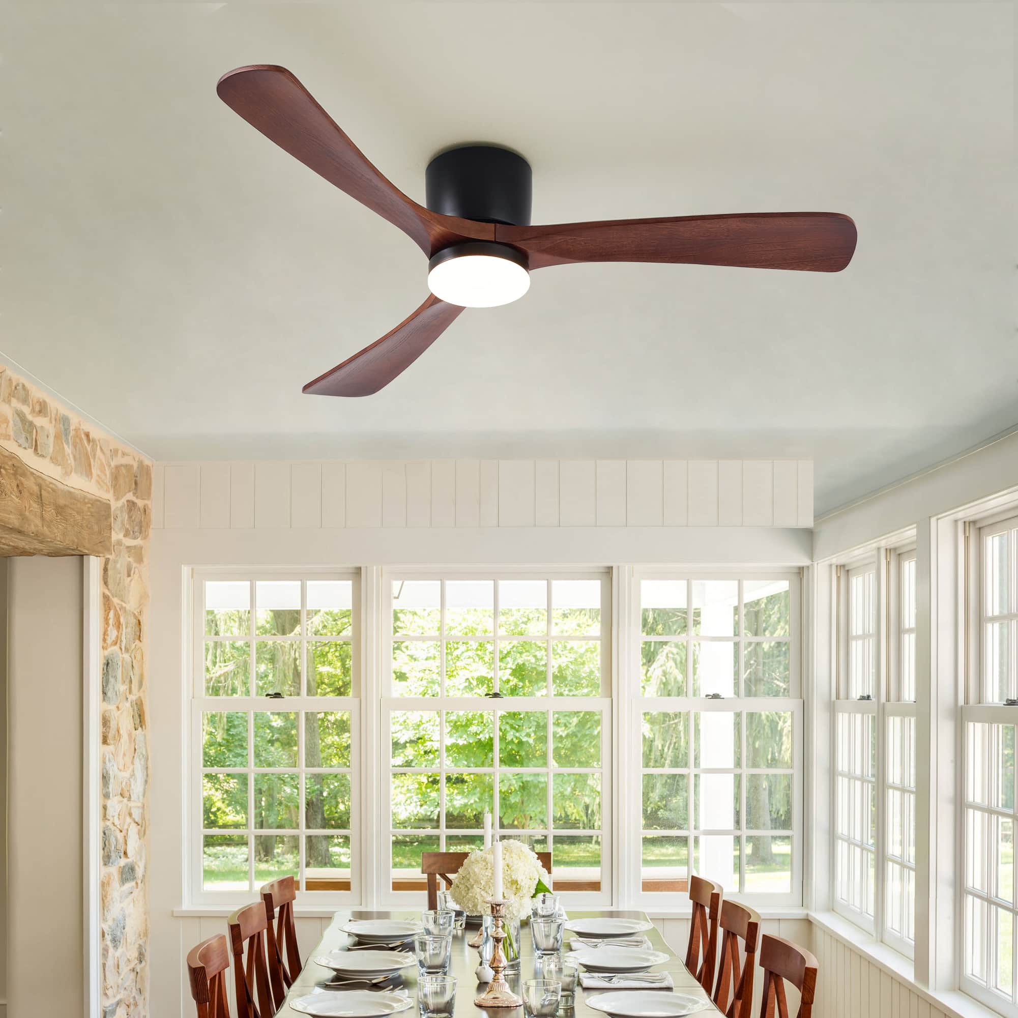 Domanki - Ceiling Fan with Lights Remote, Reversible DC Motor 6-Speed, 3 Blades Low Profile Flush Mount Wood Ceiling Fans - Black-52inch