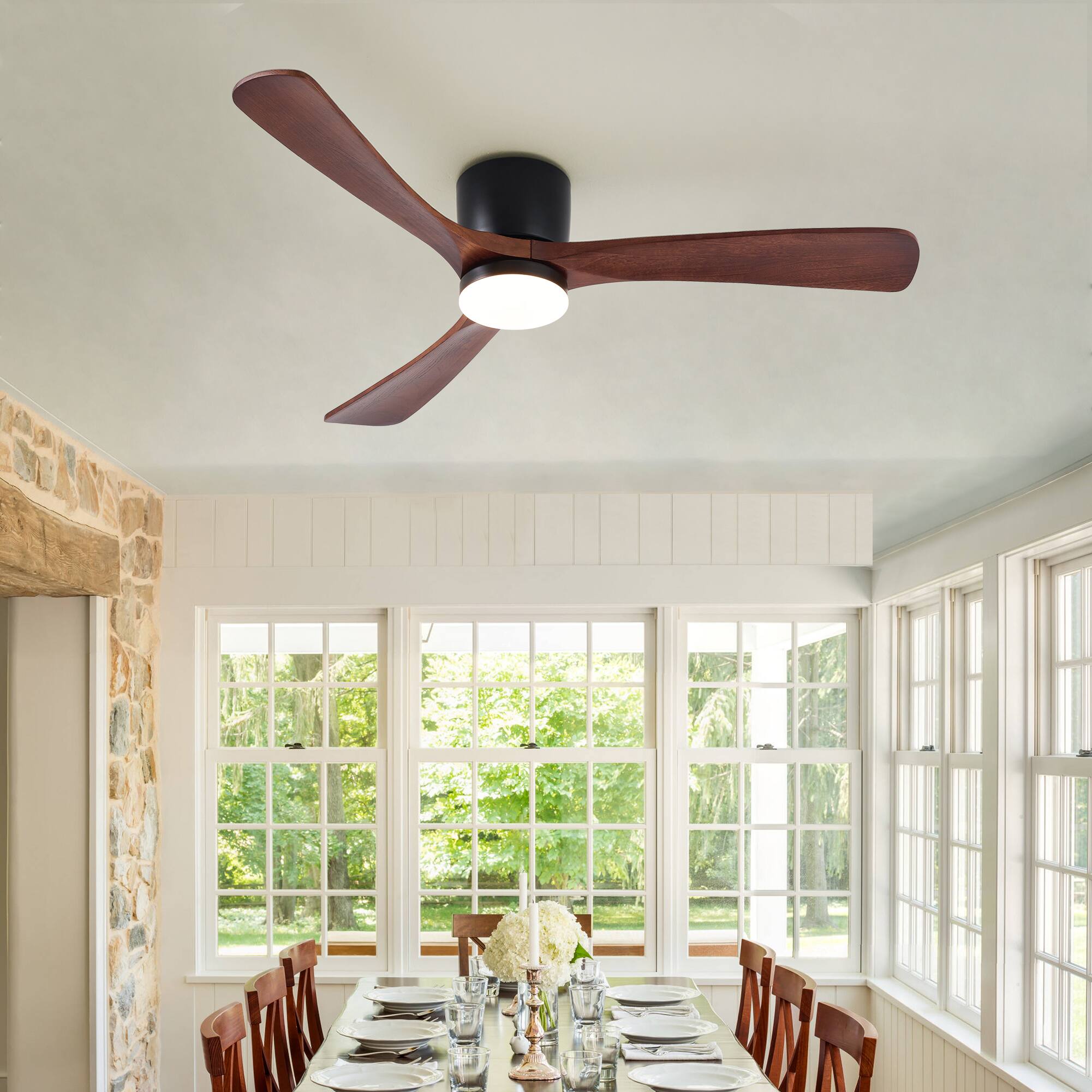 Domanki - 52" Wood Ceiling Fan with Lights Remote, Reversible DC Motor 6-Speed, 3 Blades Low Profile Flush Mount Ceiling Fans - Black