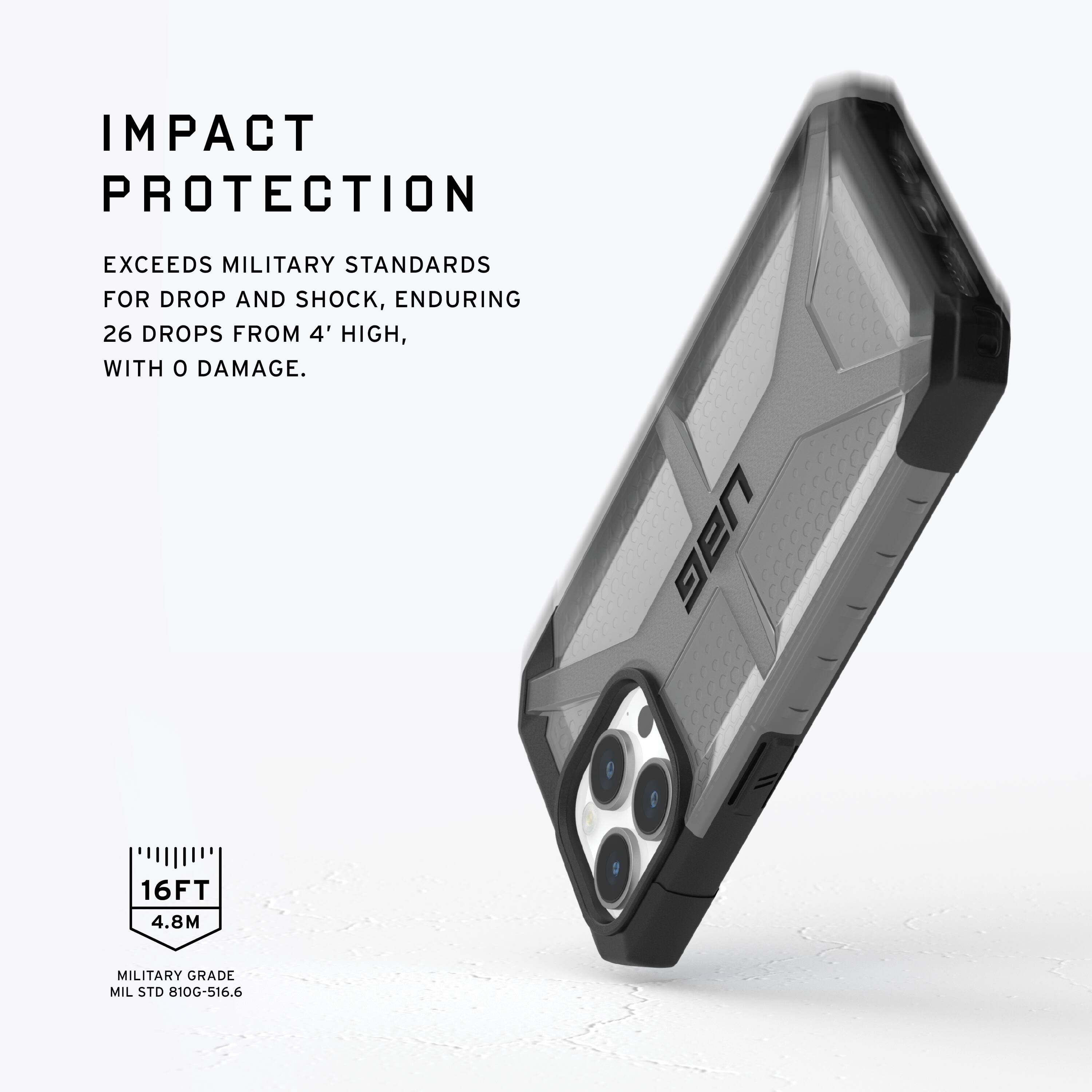 The image features a cell phone case that offers impact protection. The case exceeds military standards for drop and shock, ensuring that the phone can withstand 26 drops from a height of 4 feet without any damage. The case is made of military-grade materials and adheres to the MIL STD 810G-516.6 standard.