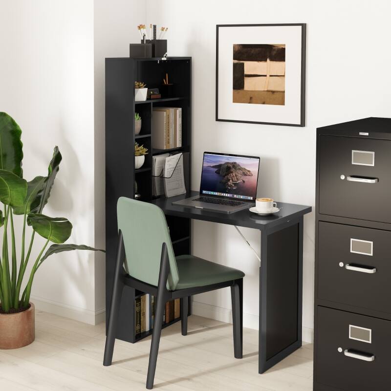 Left. Anysun - Fold-Out Convertible Wall Mount Desk with Blackboard & Side Shelf, Space-Saving Computer Desk for Home Office - Black.