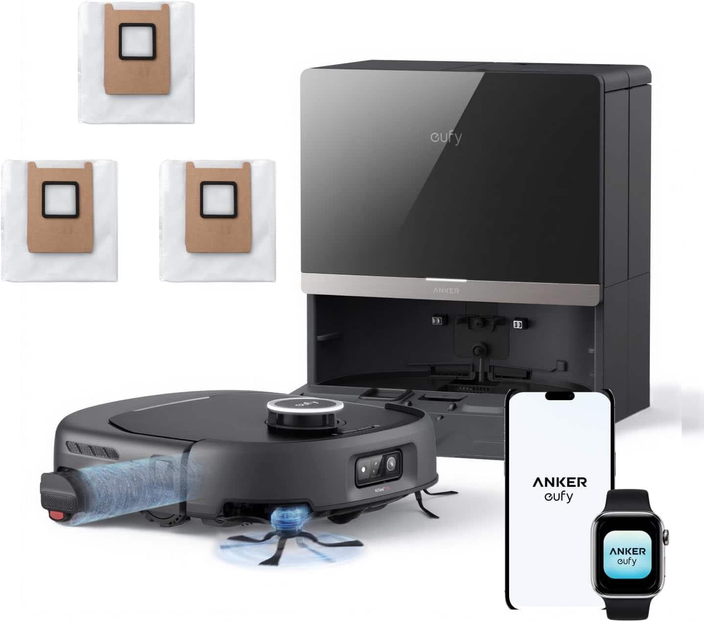 eufy - Robot Vacuum Omni and Mop Combo E35 & Dust Bags, 35,000 Pa,Baby-Grade Clean,Hot Wash & Dry - Black
