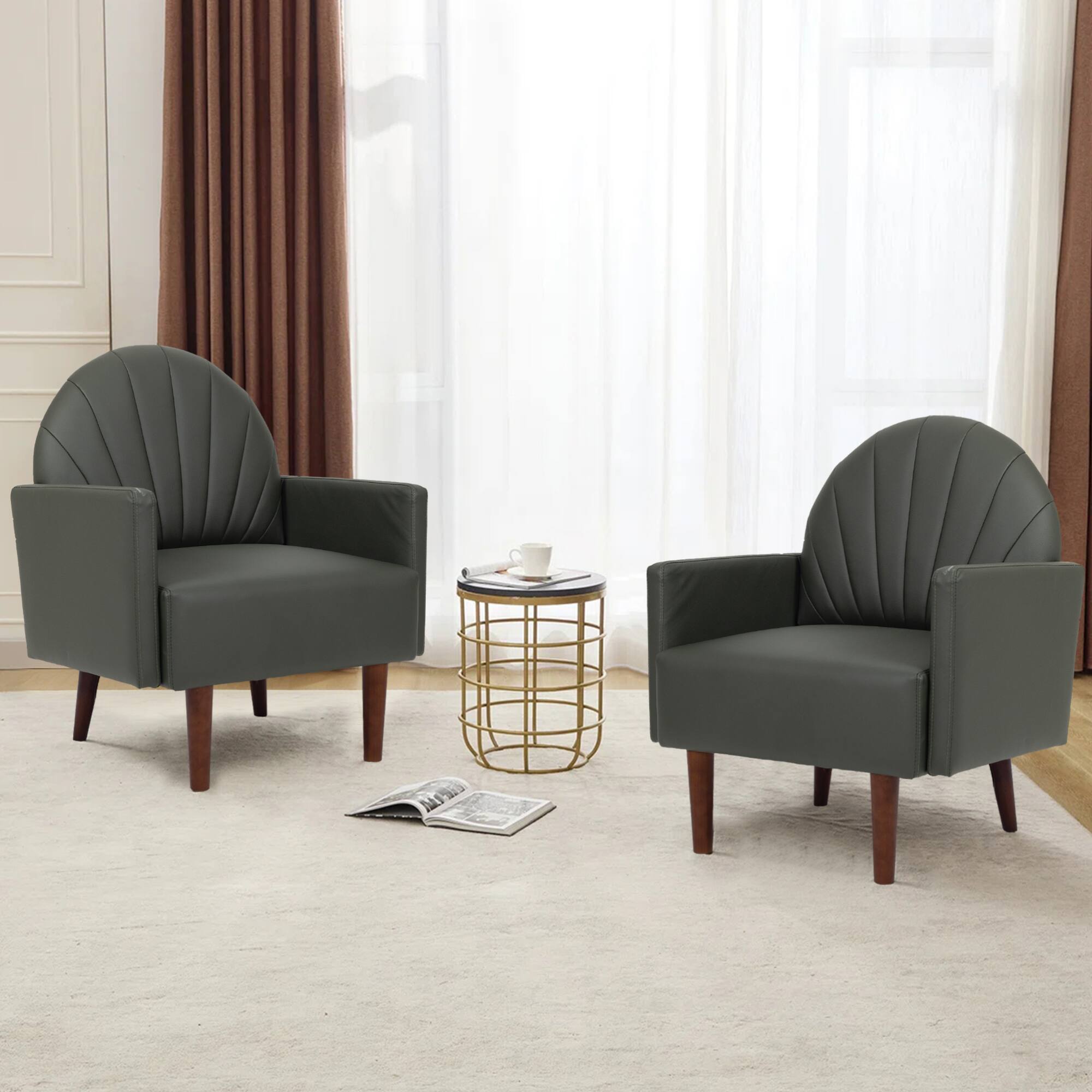 Alt View 5. GOODSILO - Contemporary Shell-Shaped Armchair with Upholstered Comfort and Wooden Legs for Versatile Home Decor - Dark Green.