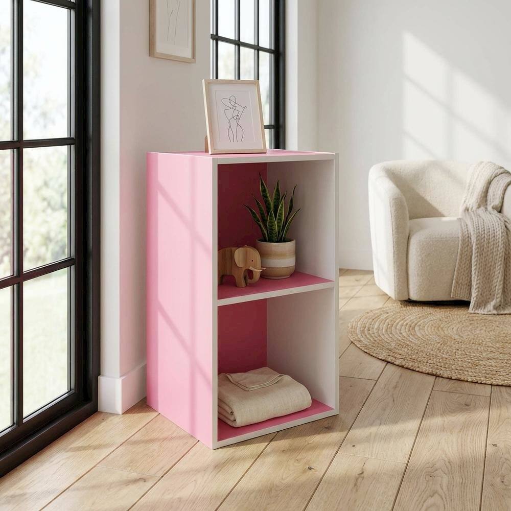 Left. FurniFact - Wooden bookcase with open shelving for home storage - Pink/White.