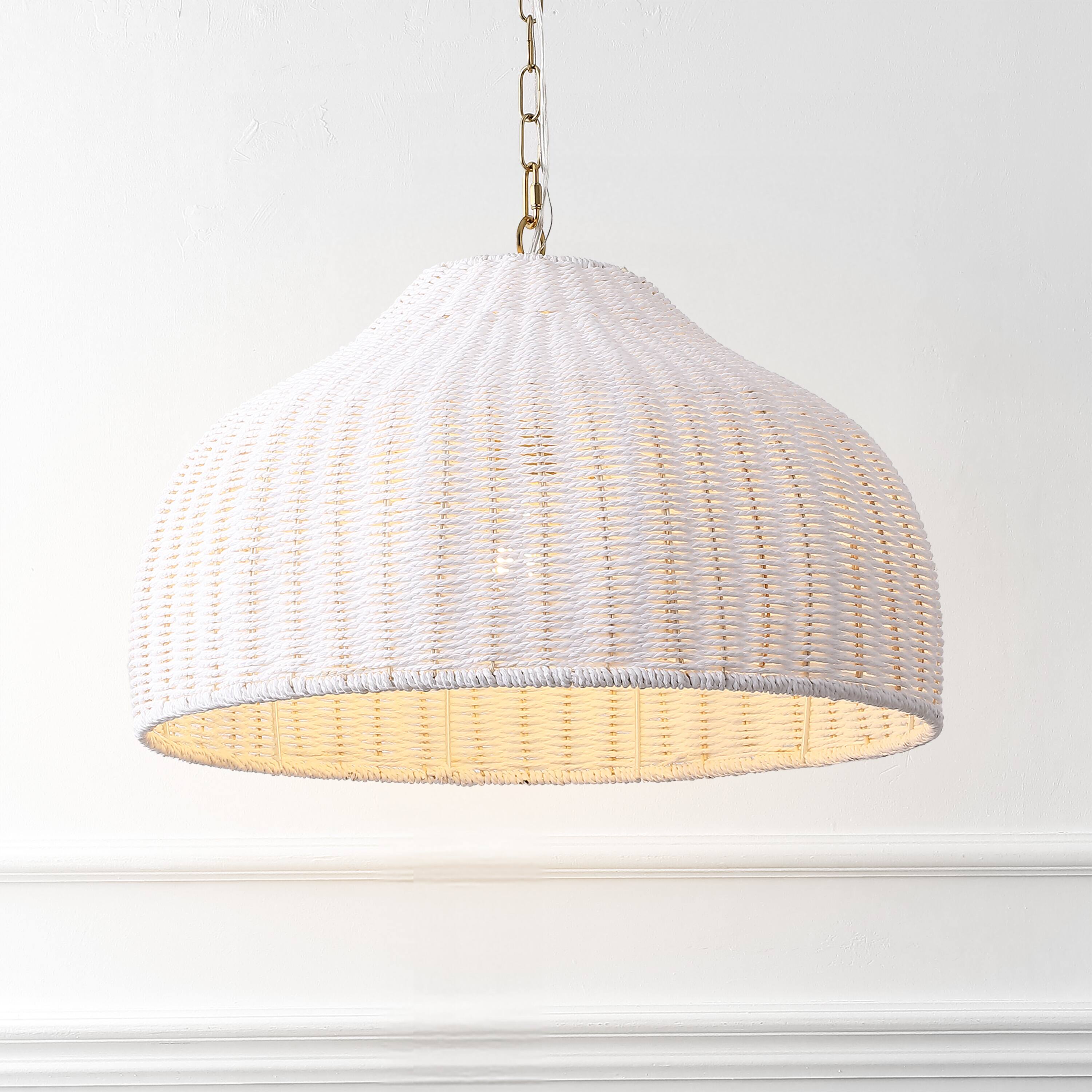 Alt View 1. Jonathan Y - Eliza 20" Coastal Bohemian White and Brass Gold Dome Pendant Light with Woven Rattan Shade for Kitchen Island, 1-Light - White/Brass Gold.