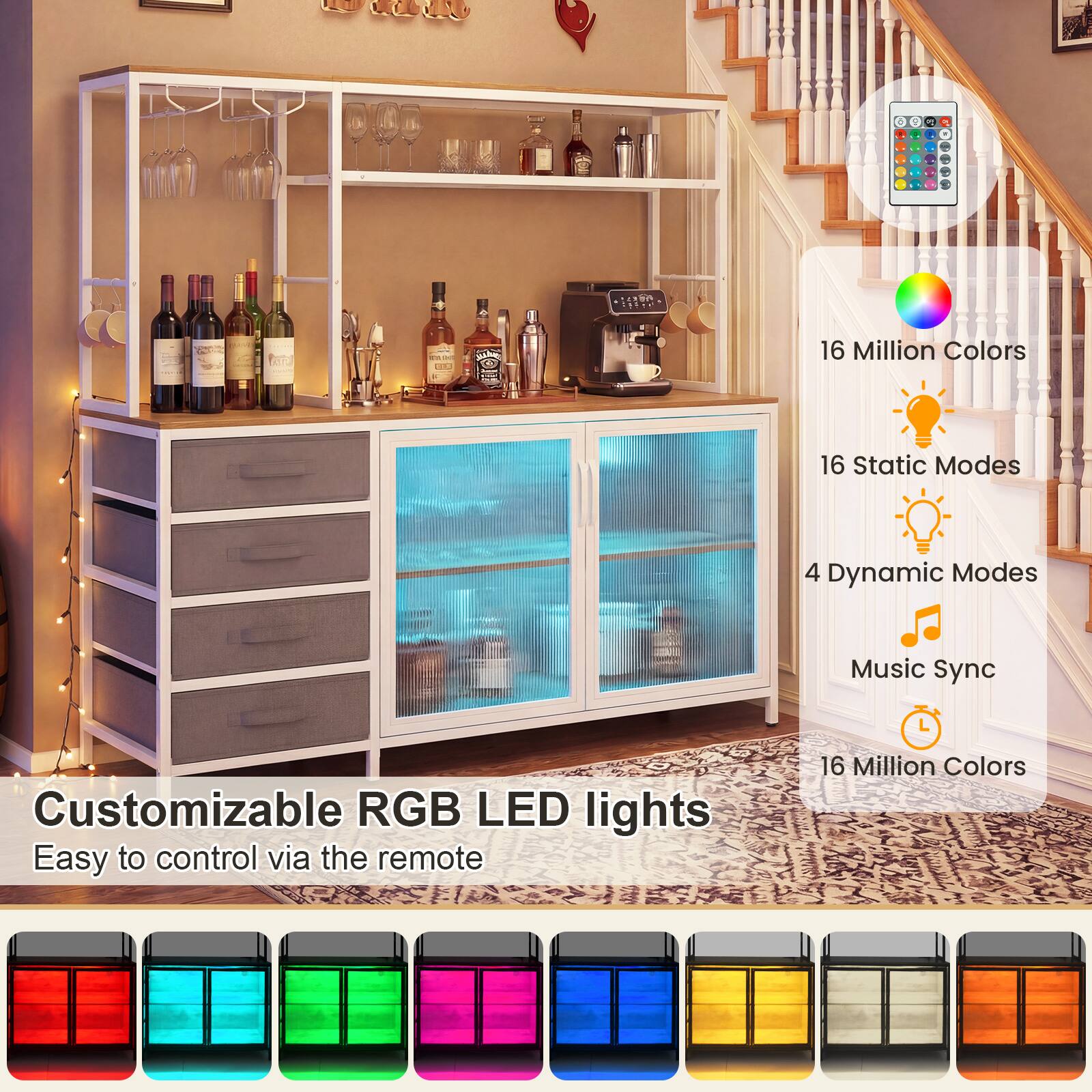 Customizable RGB LED lights  
Easy to control via the remote  

16 Million Colors  
16 Static Modes  
4 Dynamic Modes  
Music Sync  
16 Million Colors